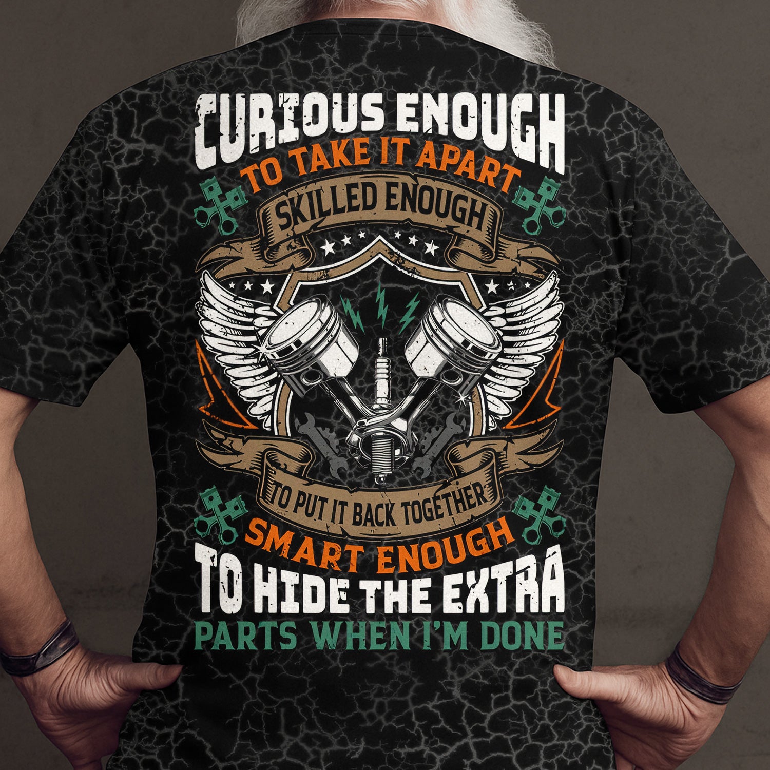 Funny Mechanic All Over Print T-Shirt, Curious Enough to Take It Apart Quote Polo, Engine Piston Graphic Hoodie for Skilled Auto Repair Technicians