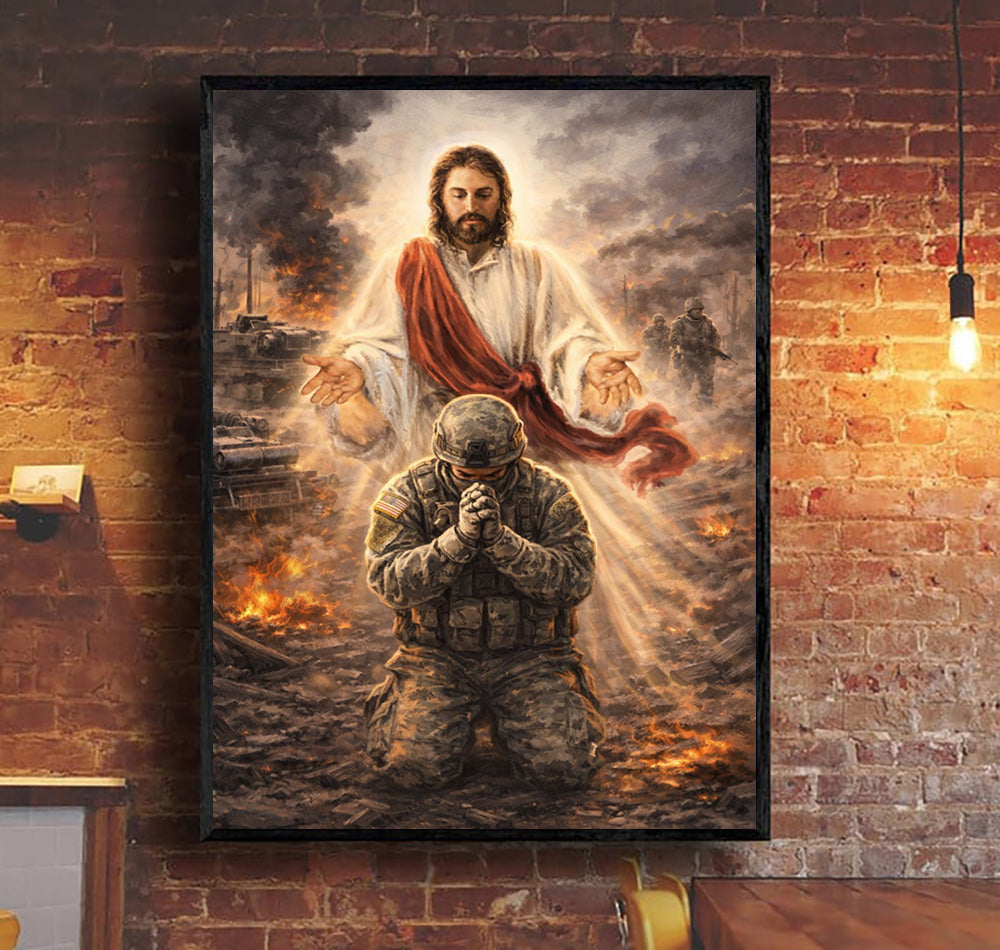 Christian Wall Art Jesus Watching Over Praying Soldier Military Faith Artwork Religious Canvas Home Decor