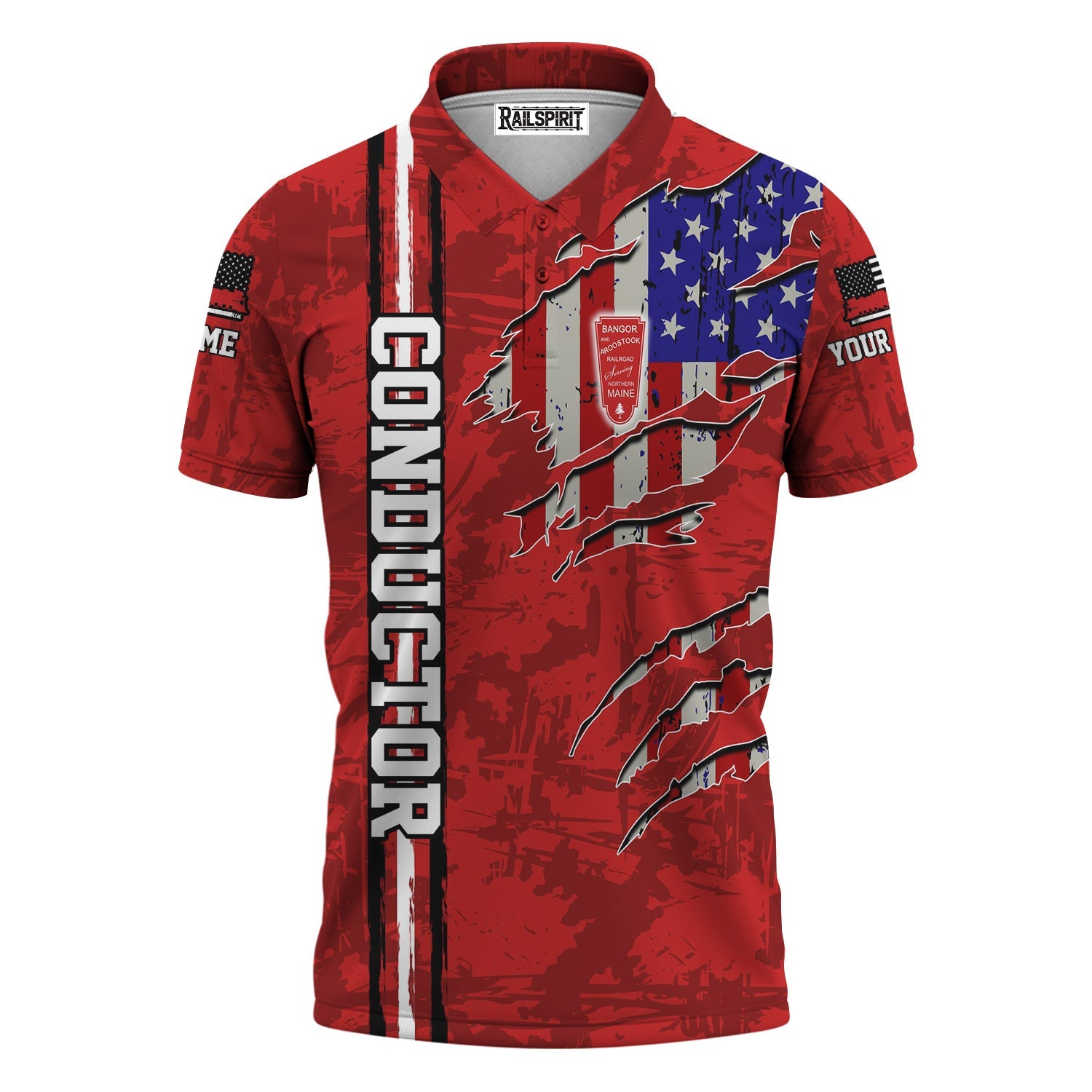Railspirit Personalized Bangor And Aroostook Railroad Polo Shirt USA Flag Claw Art with Custom Job Train Shirt