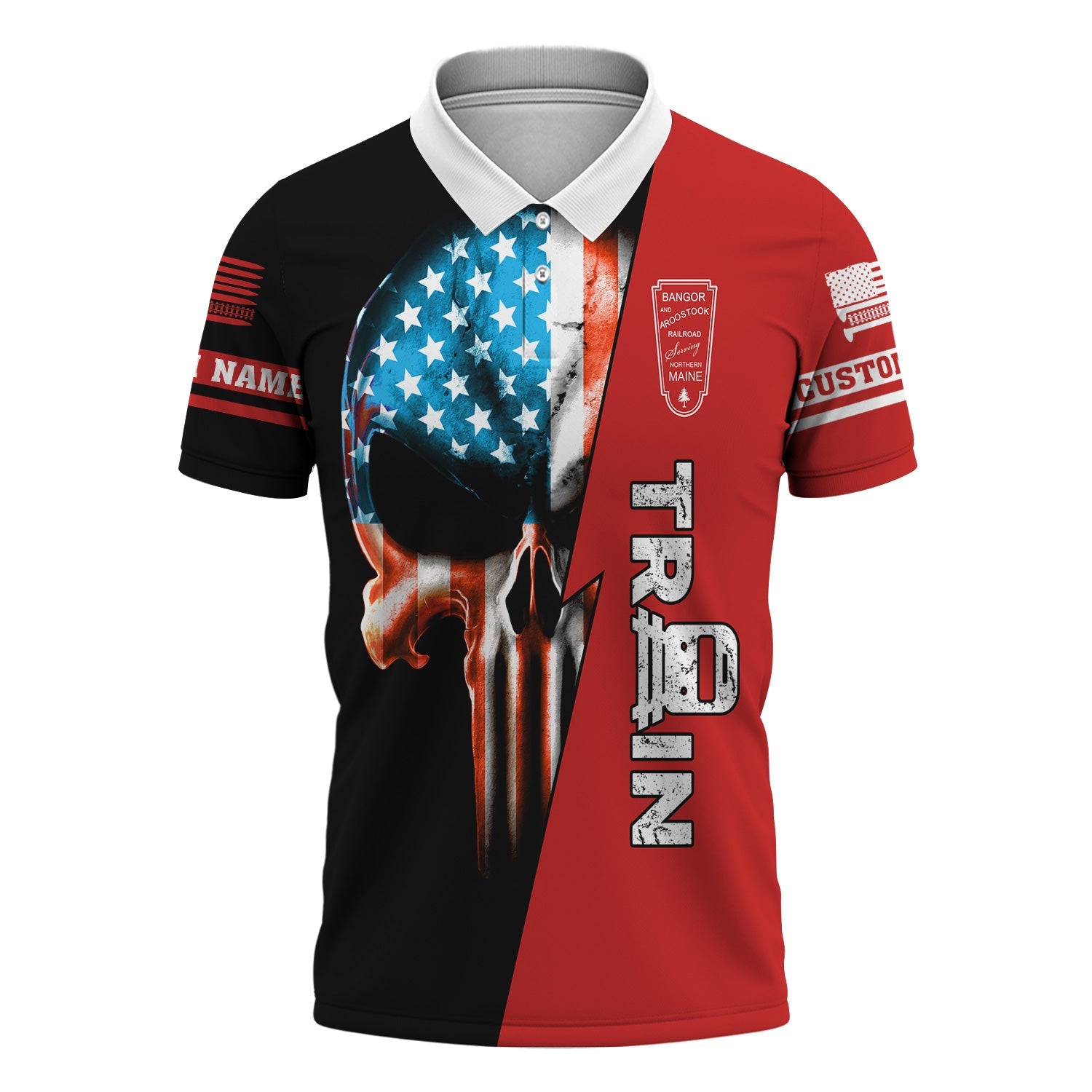 Railspirit Personalized Bangor And Aroostook Railroad Polo Shirt Train Skull American Flag Shirt All Over Print