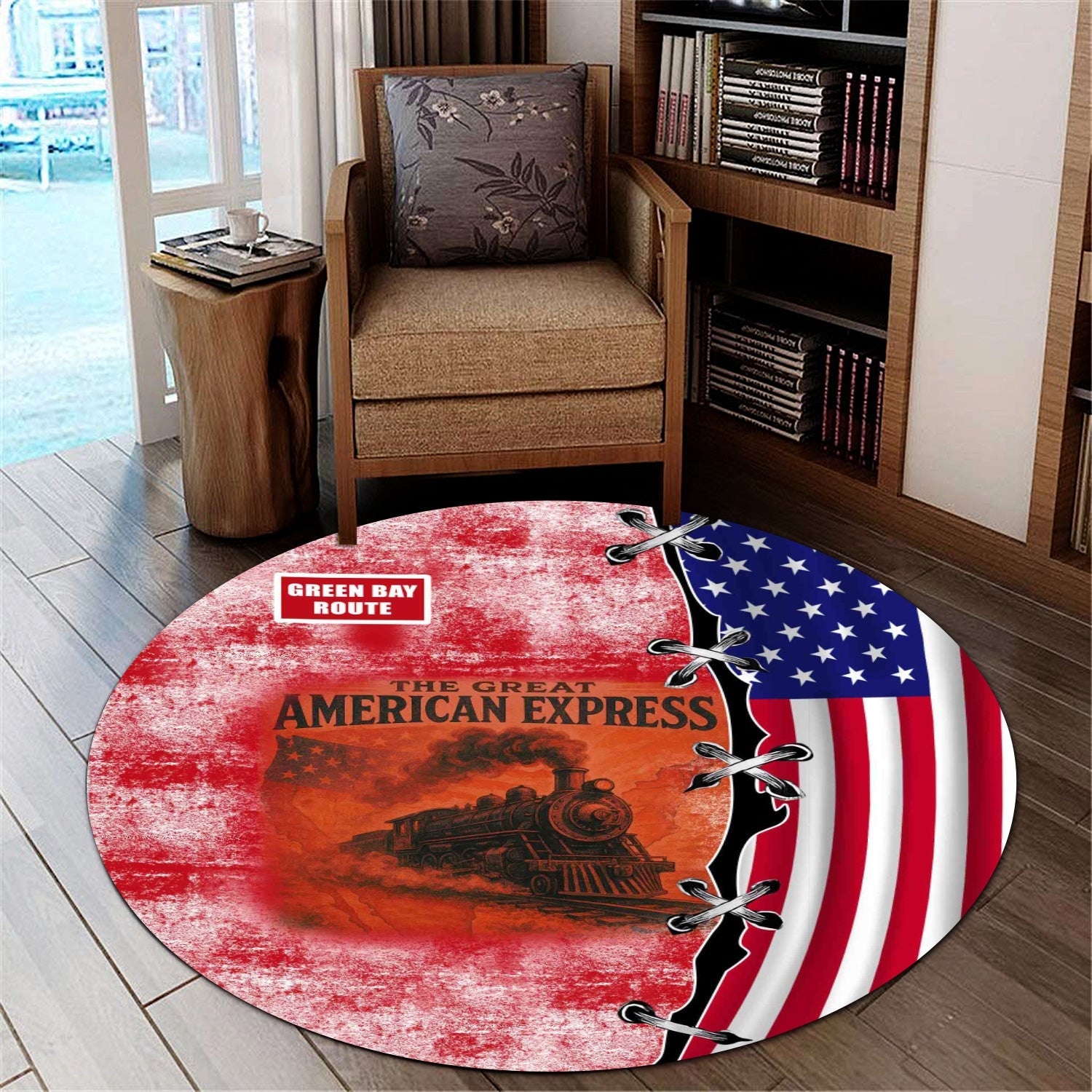 Railspirit Green Bay & Western Railroad Round Mat Retro American Express Train With USA Flag Round Mat
