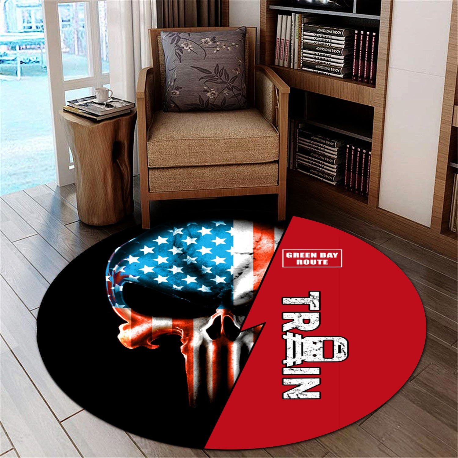Railspirit Green Bay & Western Railroad Round Mat Train Skull American Flag Style Rug All Over Print