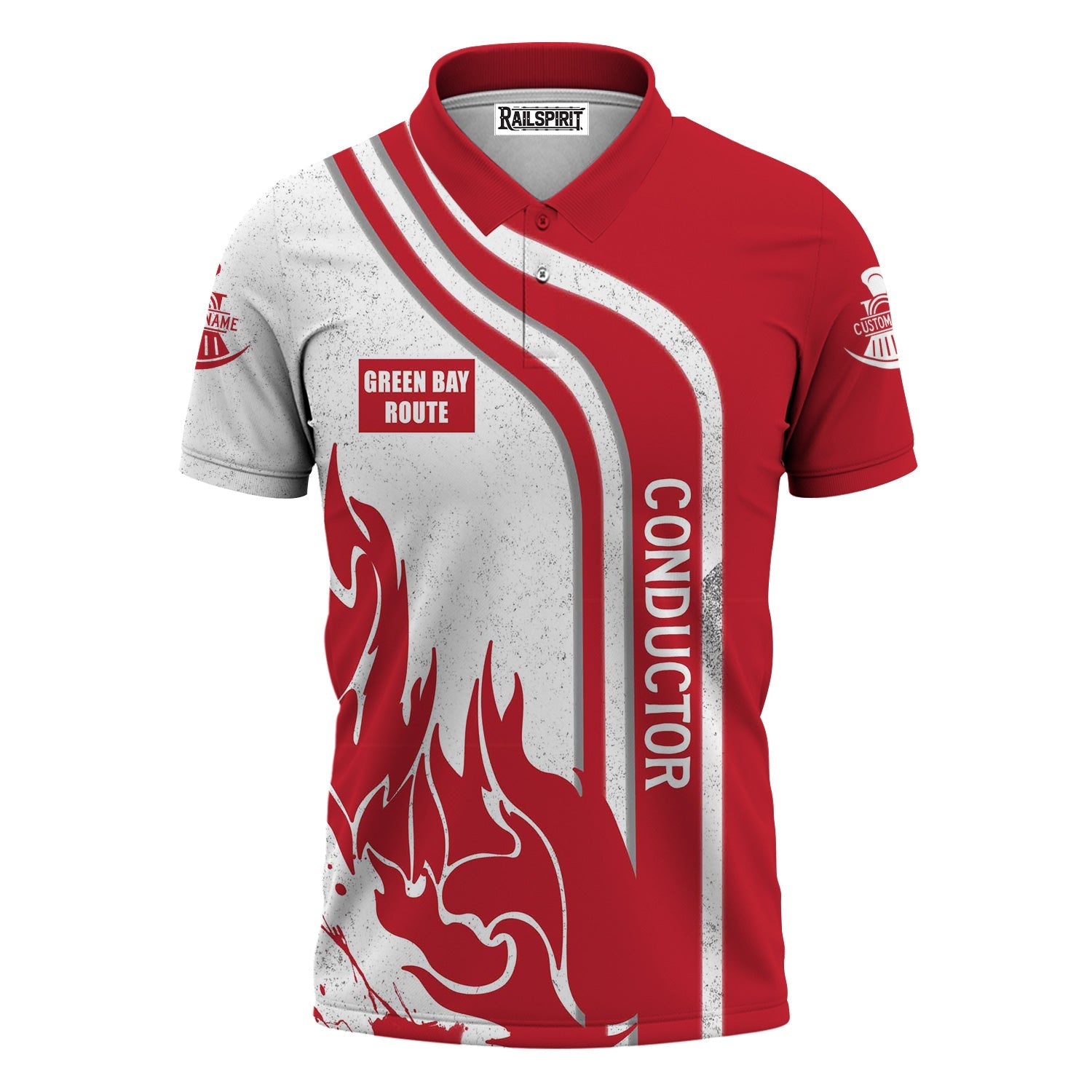 Railspirit Personalized Green Bay & Western Railroad Polo Shirt Flame Design with Custom Job Position Train Shirt