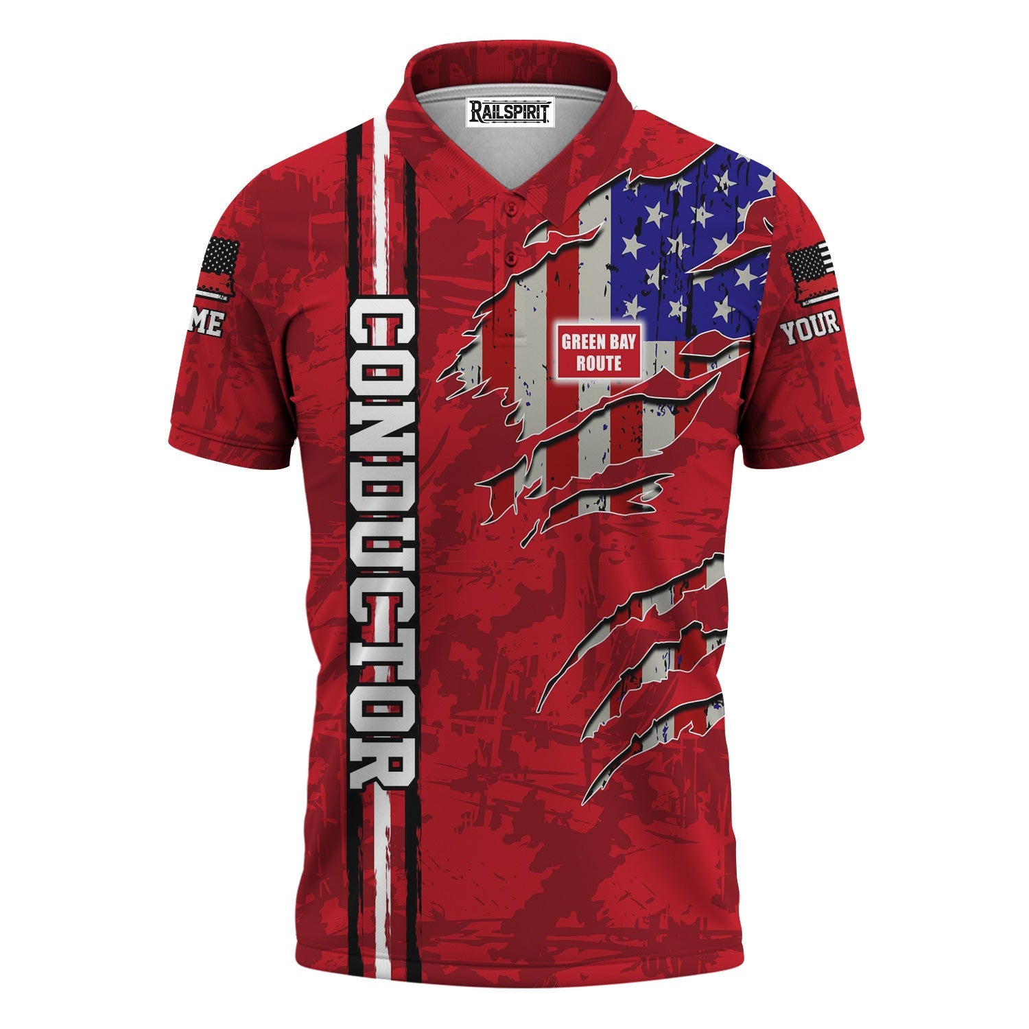 Railspirit Personalized Green Bay & Western Railroad Polo Shirt USA Flag Claw Art with Custom Job Train Shirt
