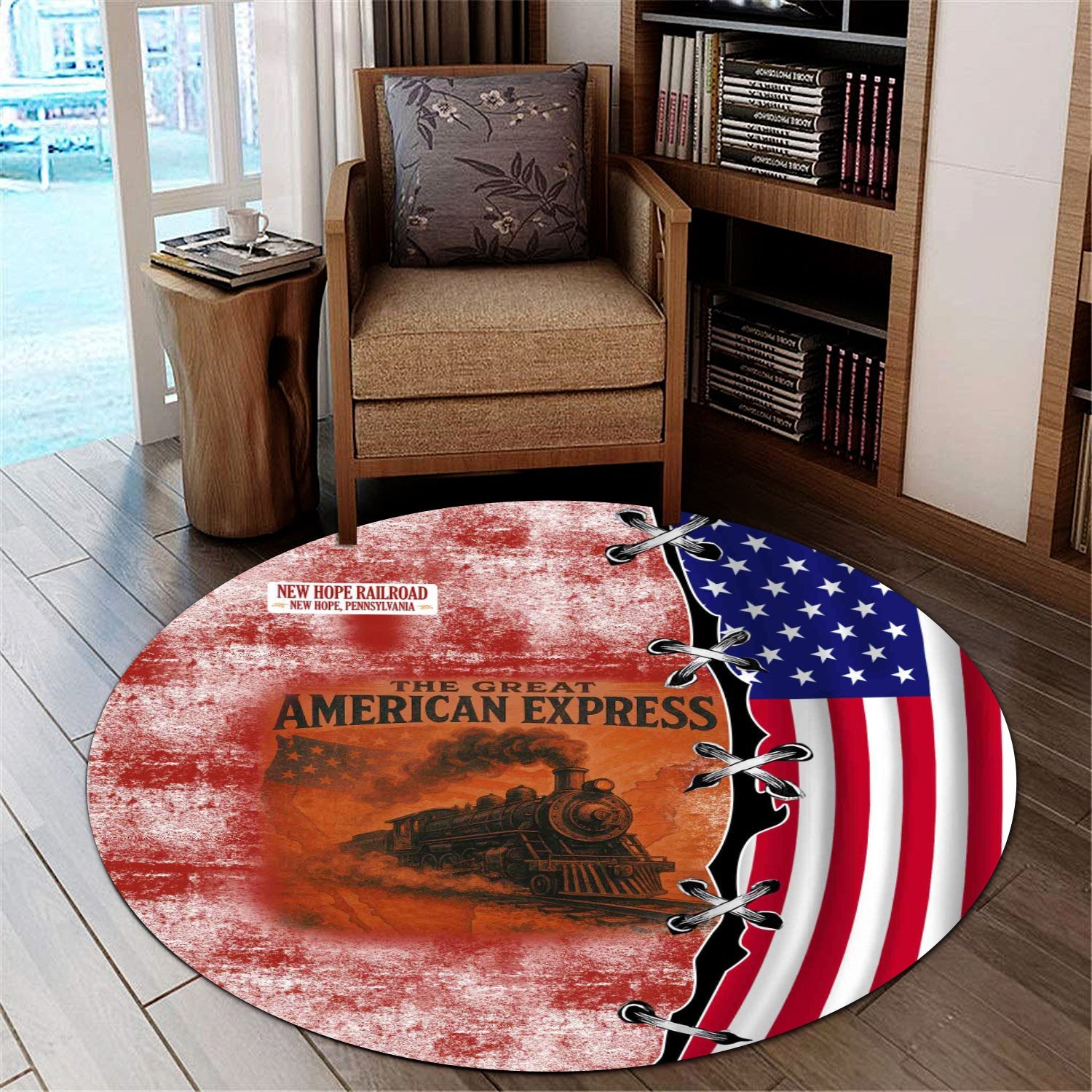Railspirit New Hope Railroad Round Mat Retro American Express Train With USA Flag Round Mat