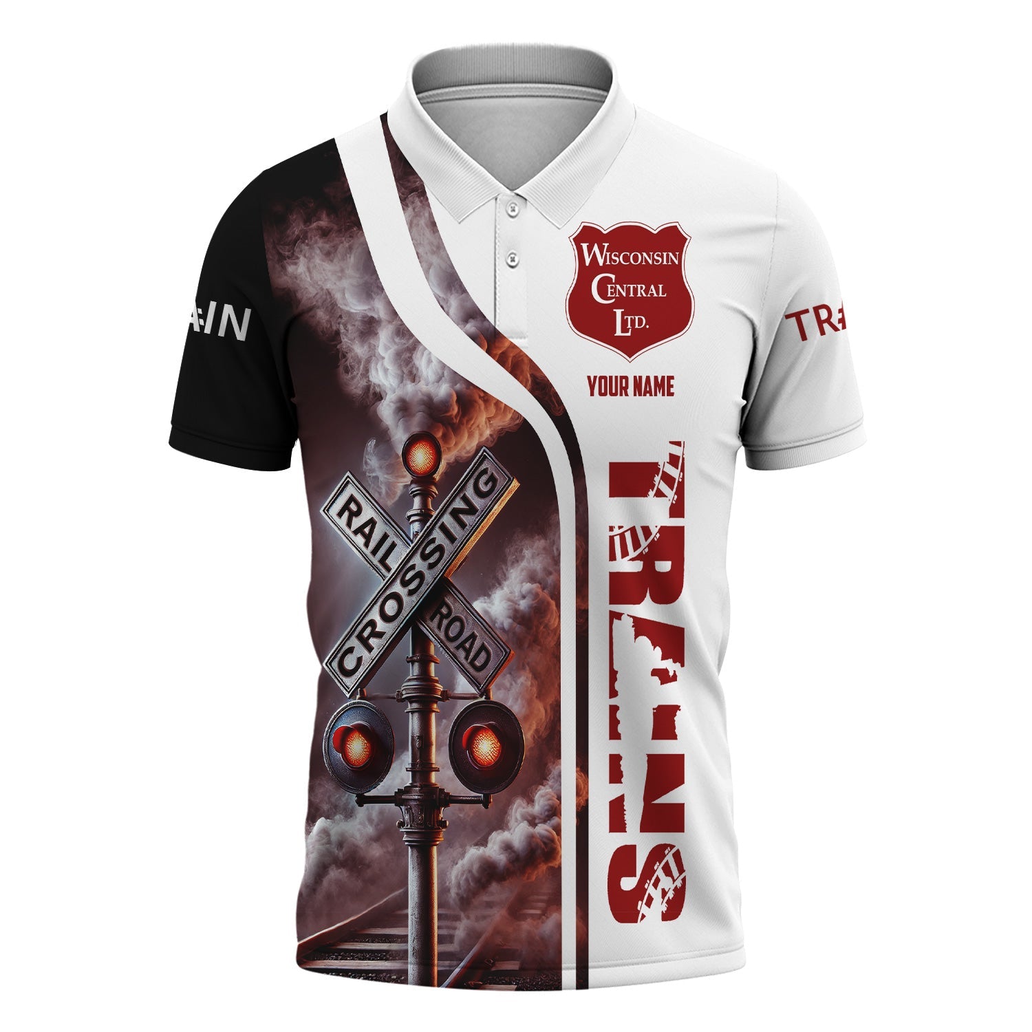 Railspirit Personalized Wisconsin Central Ltd Railroad Polo Shirt Crossing Railroad Sign American Locomotive Train Shirt All Over Print