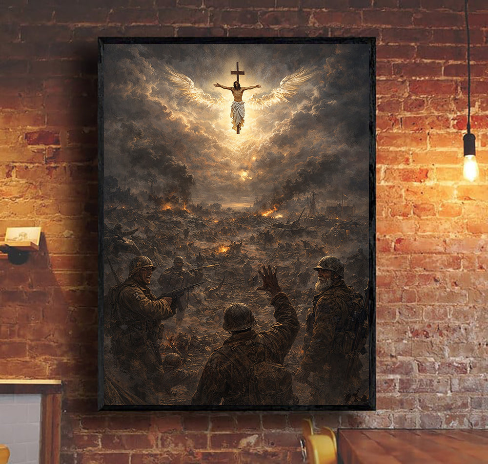 Jesus Christ Angel Over Battlefield Canvas Wall Art, Christian Religious Wall Art, War Scene Jesus Painting, Inspirational Christian Decor