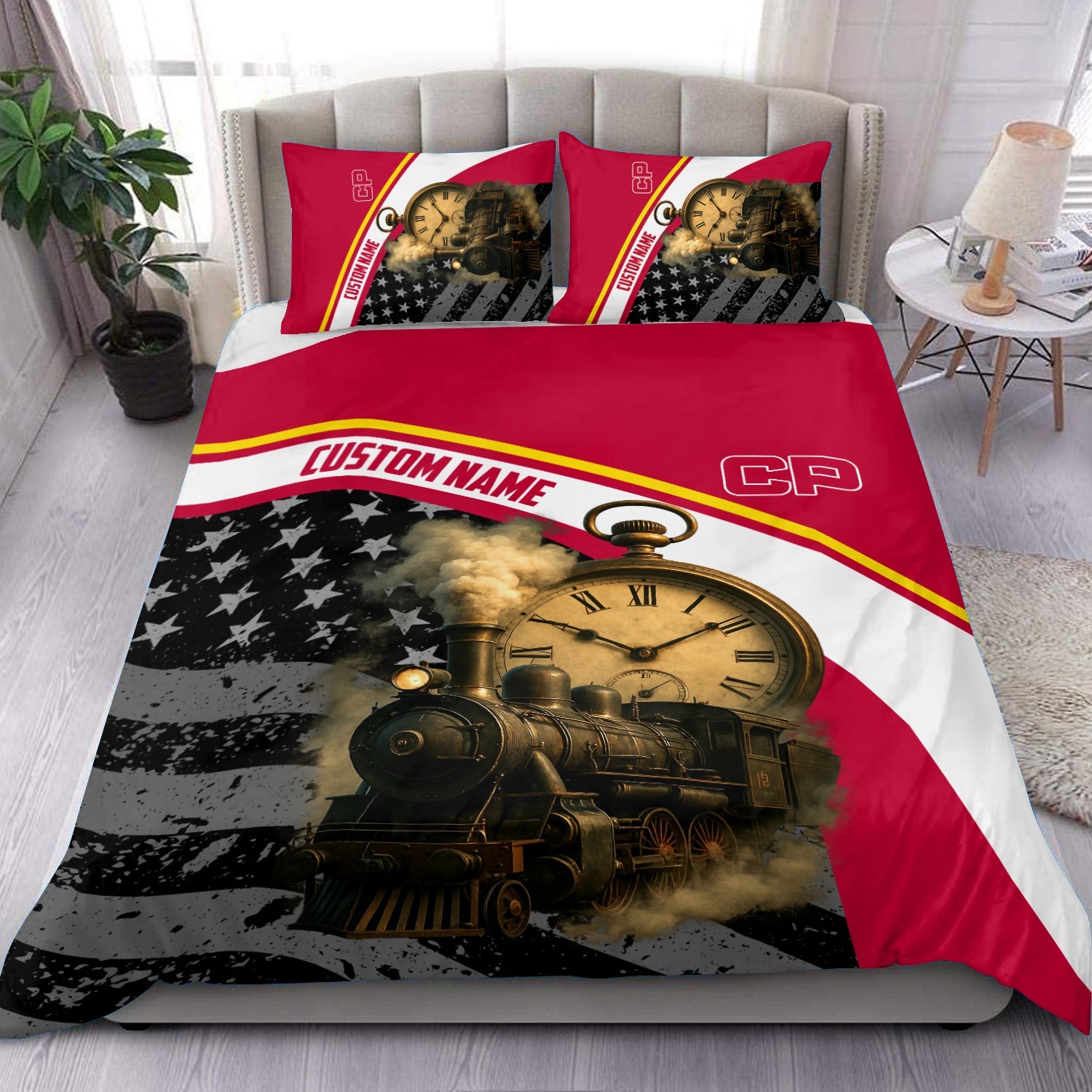 Railspirit Personalized Canadian Pacific Railroad Bedding Set Classic Steam Engine With Retro Pocket Watch Bedding Set All Over Print