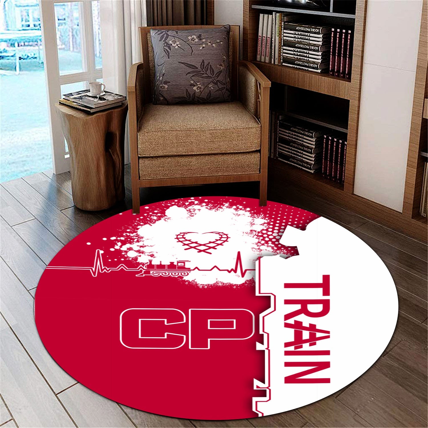 Railspirit Canadian Pacific Railroad Round Mat Engine Heartbeat and Track Love Style Mat Gift Idea For Train Lovers