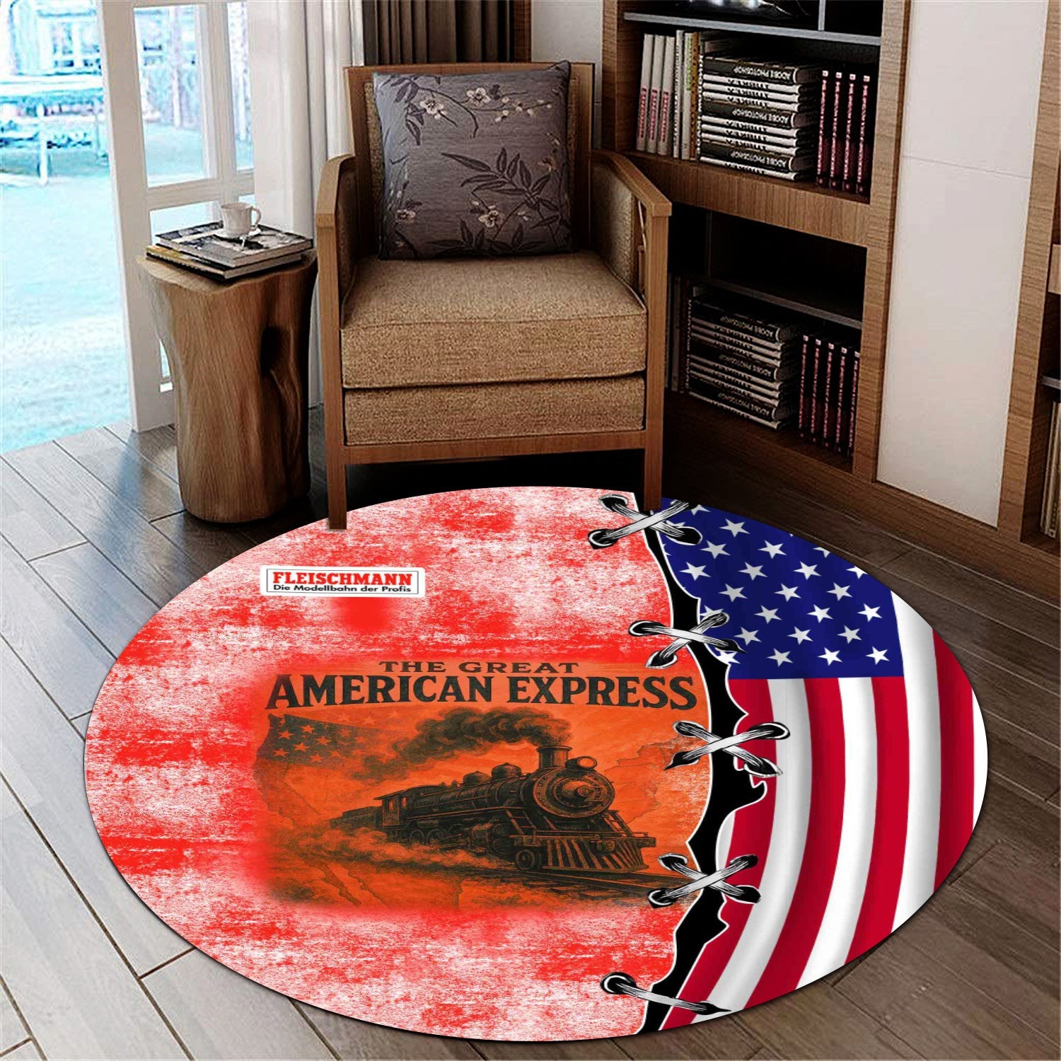 Railspirit Fleischmann And Western Railroad Round Mat Retro American Express Train With USA Flag Round Mat