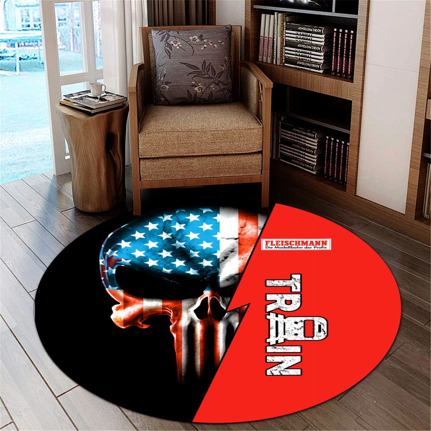 Railspirit Fleischmann And Western Railroad Round Mat Train Skull American Flag Style Rug All Over Print
