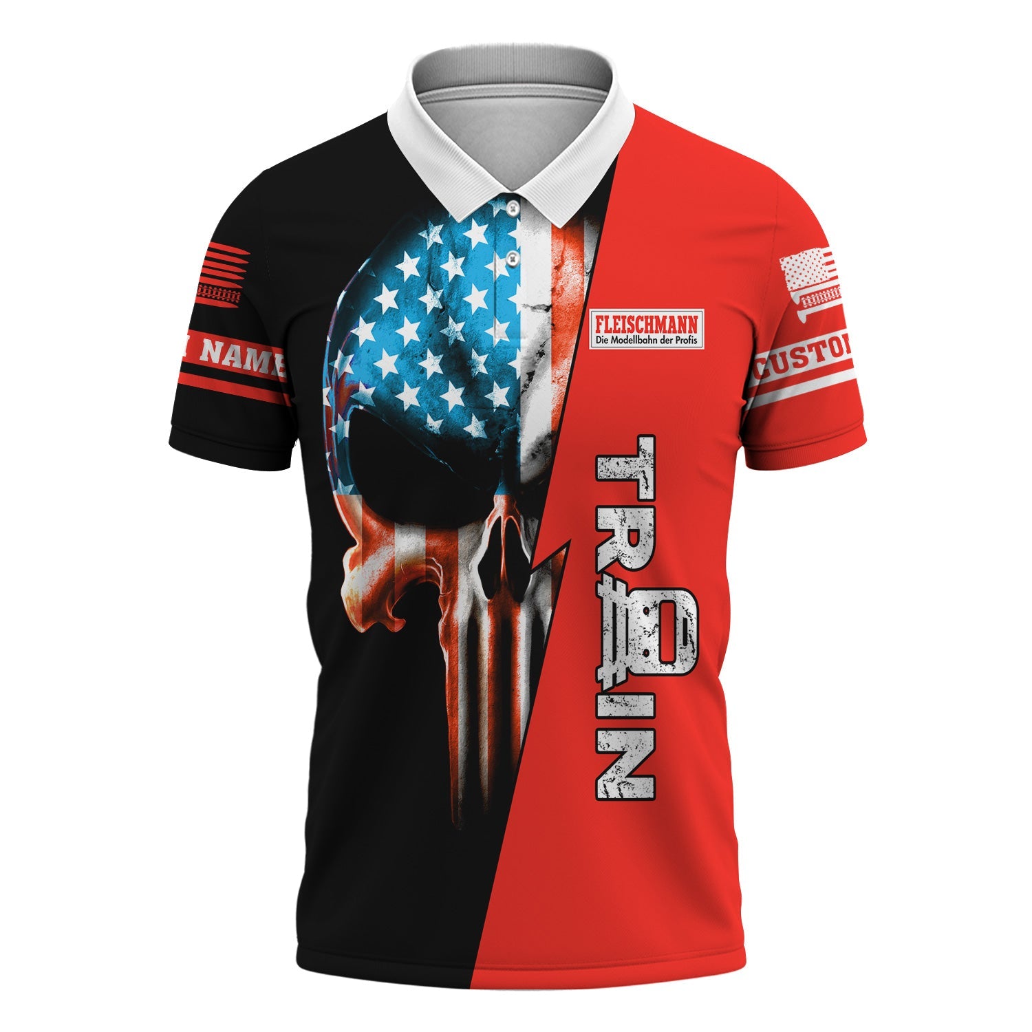 Railspirit Personalized Fleischmann And Western Railroad Polo Shirt Train Skull American Flag Shirt All Over Print