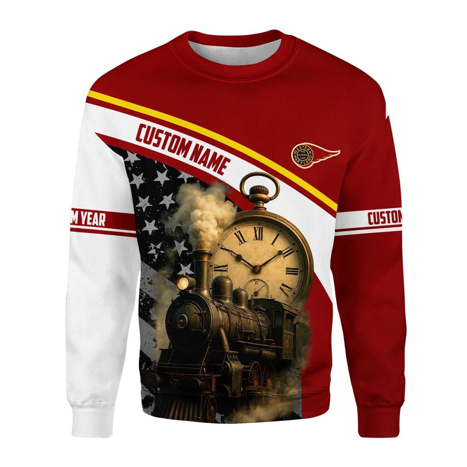 Railspirit Personalized Western Maryland Railway Sweatshirt Classic Steam Engine With Retro Pocket Watch Shirt All Over Print