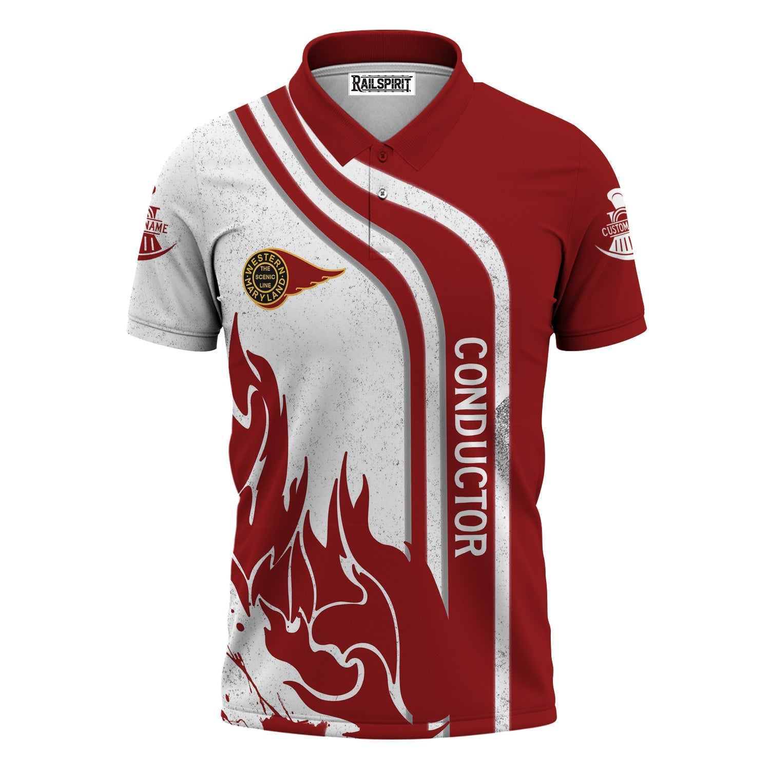 Railspirit Personalized Western Maryland Railway Polo Shirt Flame Design with Custom Job Position Train Shirt