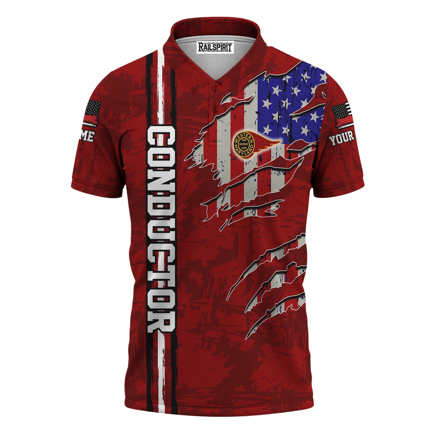 Railspirit Personalized Western Maryland Railway Polo Shirt USA Flag Claw Art with Custom Job Train Shirt
