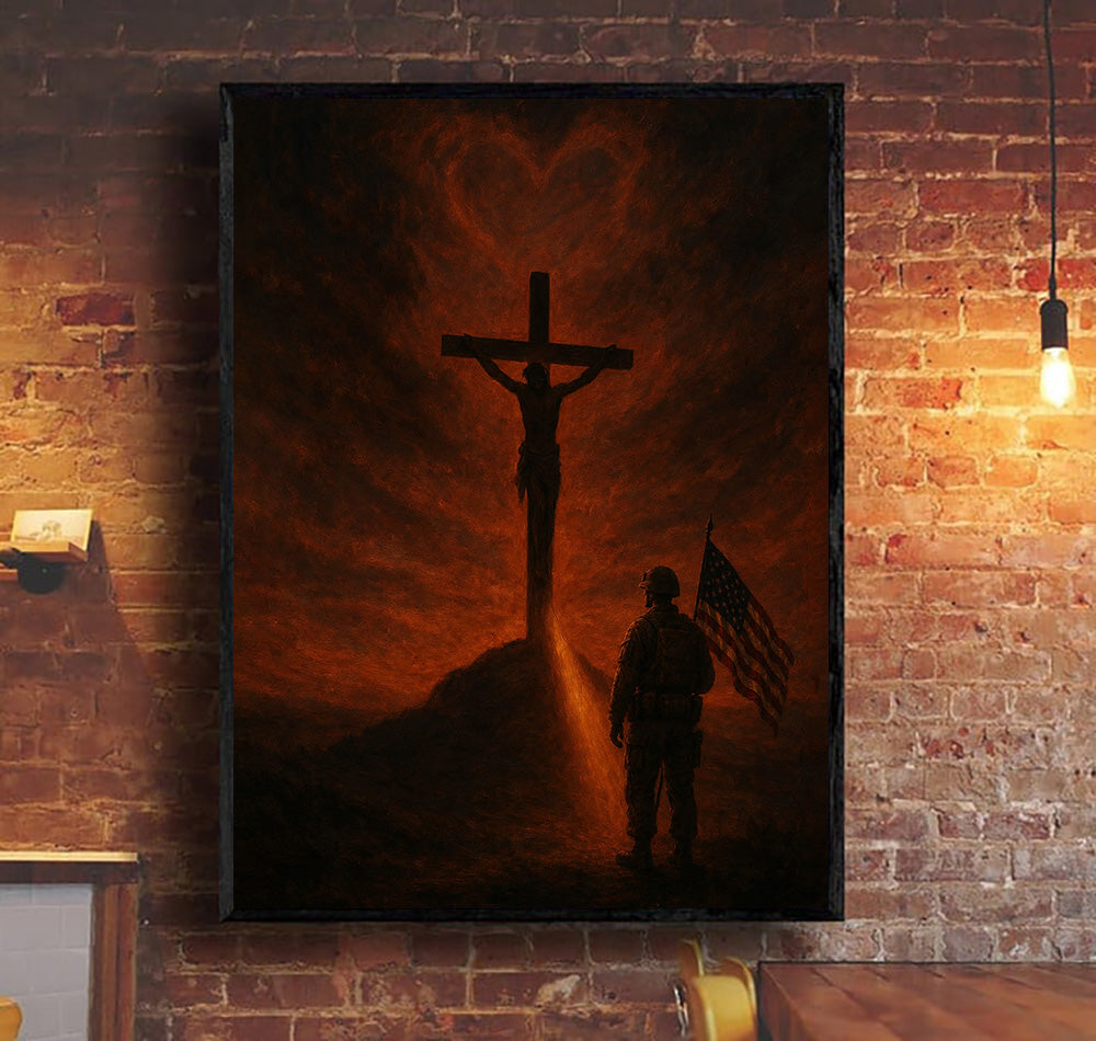 Jesus Soldier Prayer Printed Canvas Wall Art, Father’s Day Gift for Dad, Christian Military Wall Art with Cross and American Flag Design