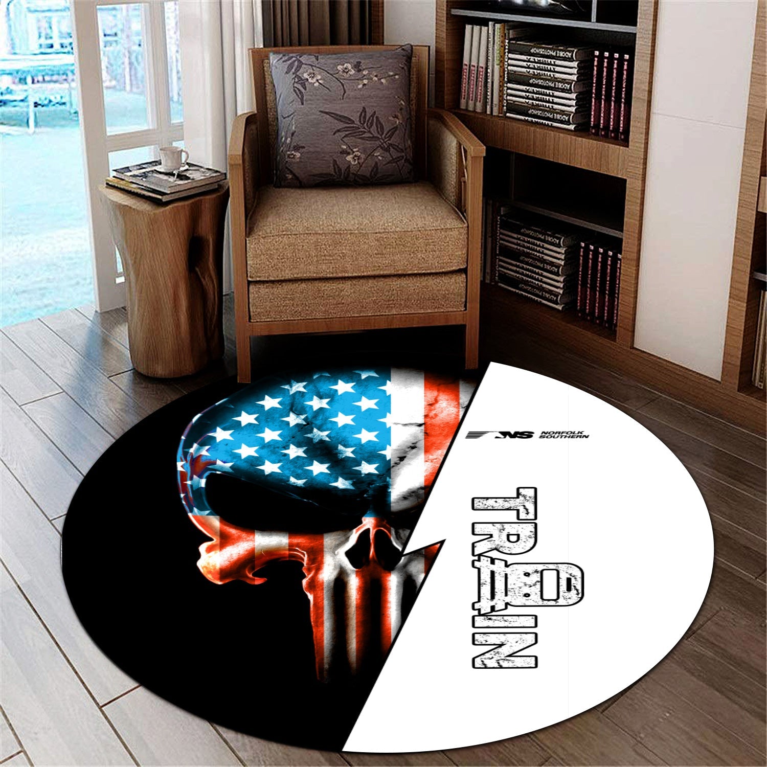 Railspirit Norfolk Southern Railway Round Mat Train Skull American Flag Style Rug All Over Print