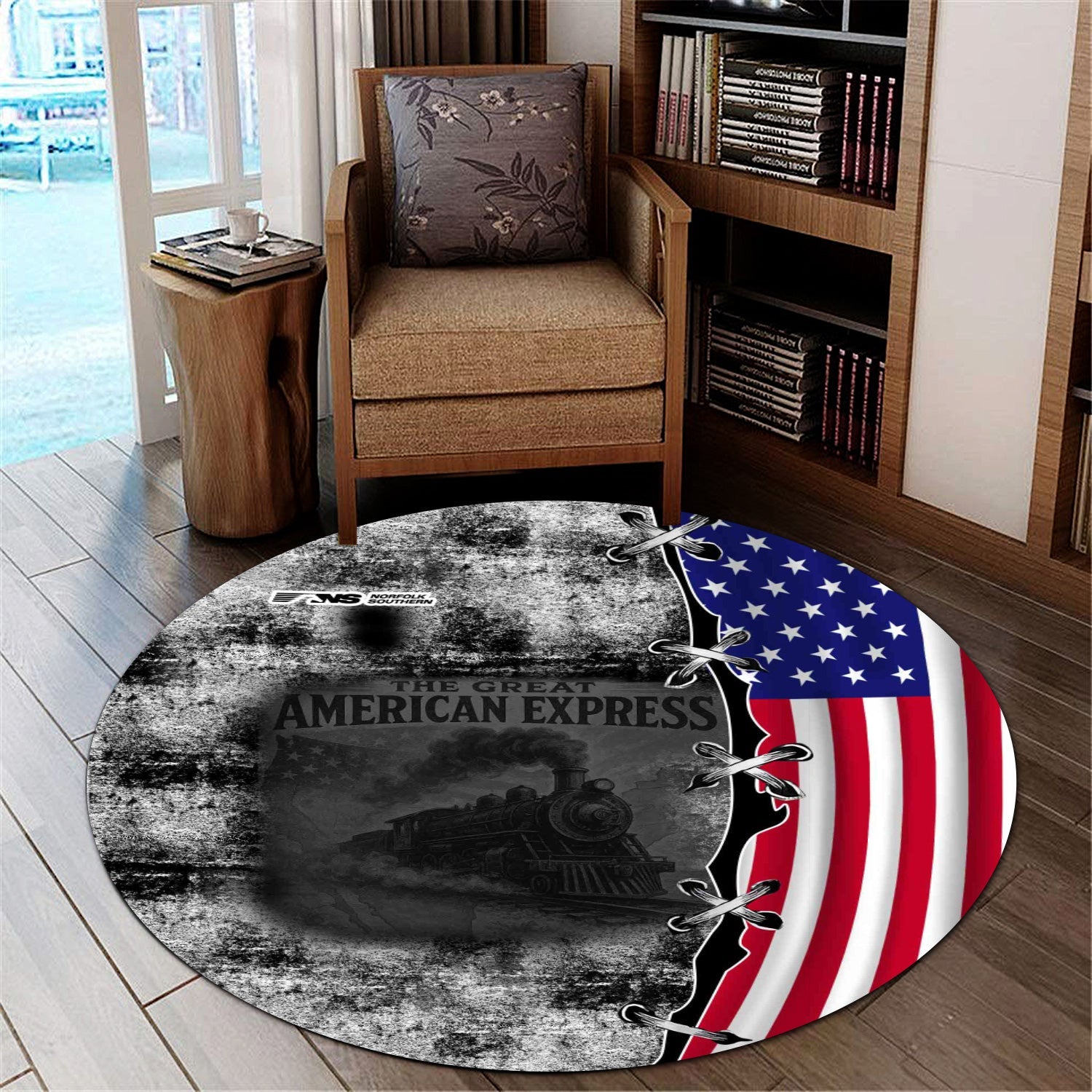 Railspirit Norfolk Southern Railway Round Mat Retro American Express Train With USA Flag Round Mat