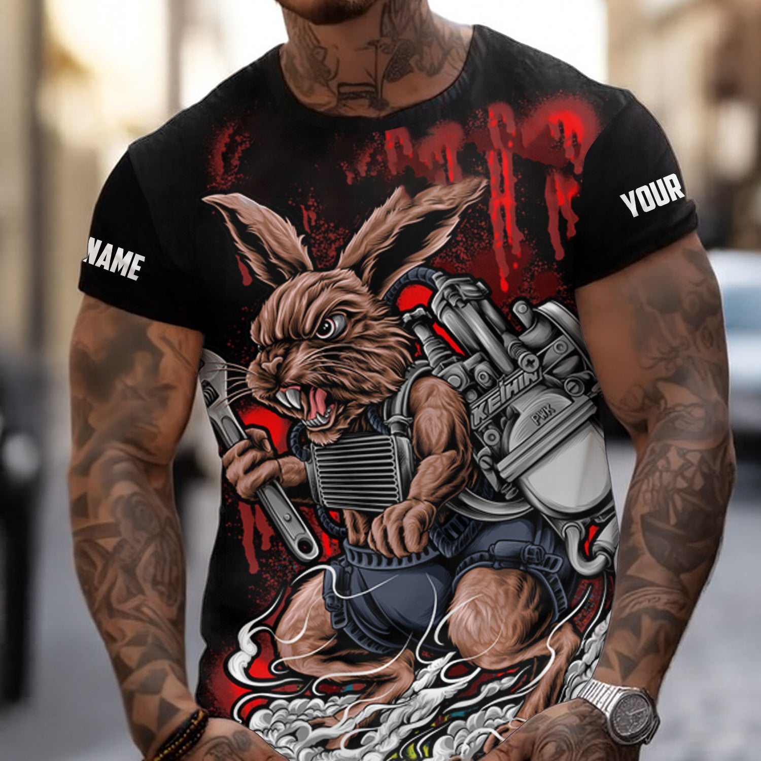 Custom Name Vintage Mechanic Rabbit Black Unisex Shirt All Over Print
