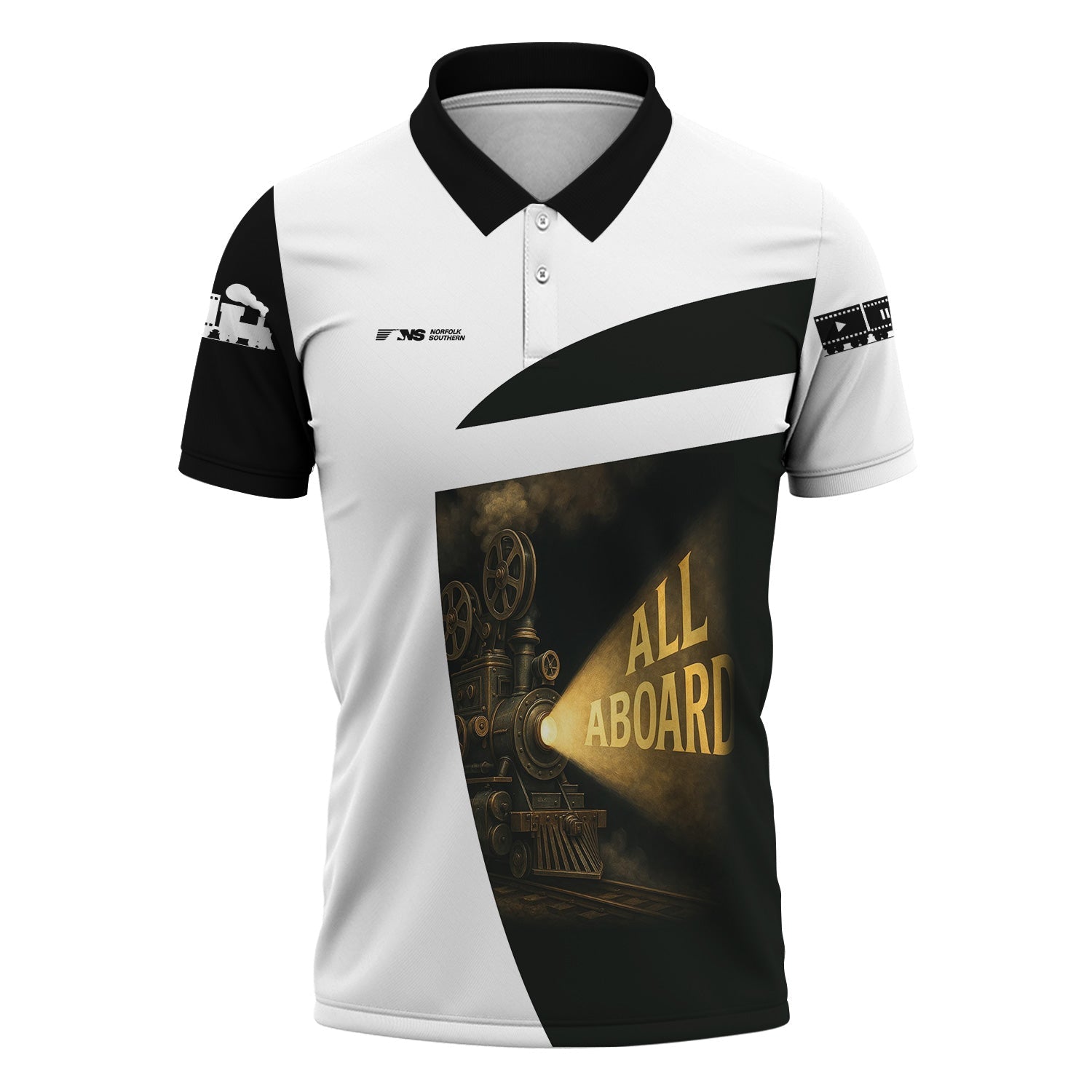 Railspirit Personalized Norfolk Southern Railway Polo Shirt All Aboard Steam Train Movie Projector Style Shirt
