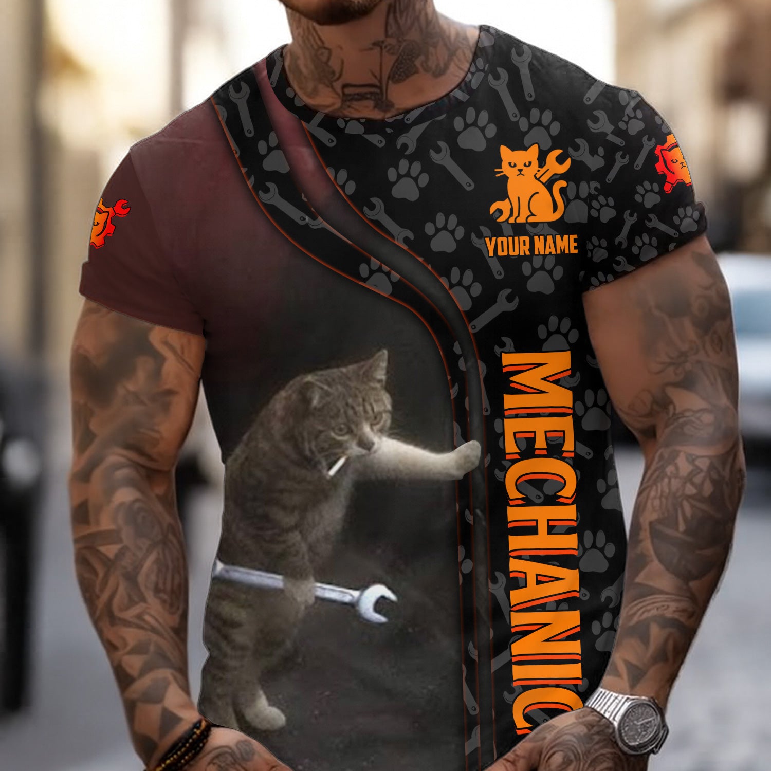 Custom Name Funny Cat Mechanic Shirt With Cat Paw And Wrench Hoodie Jacket For Mechanic