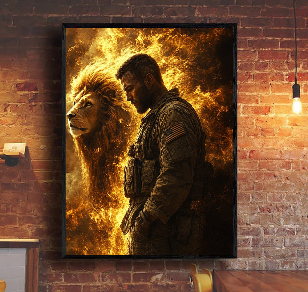 Lion Soldier Printed Canvas, Father’s Day Gift for Dad, Military Wall Art Decor with Brave Warrior and Fire Lion Spirit Design
