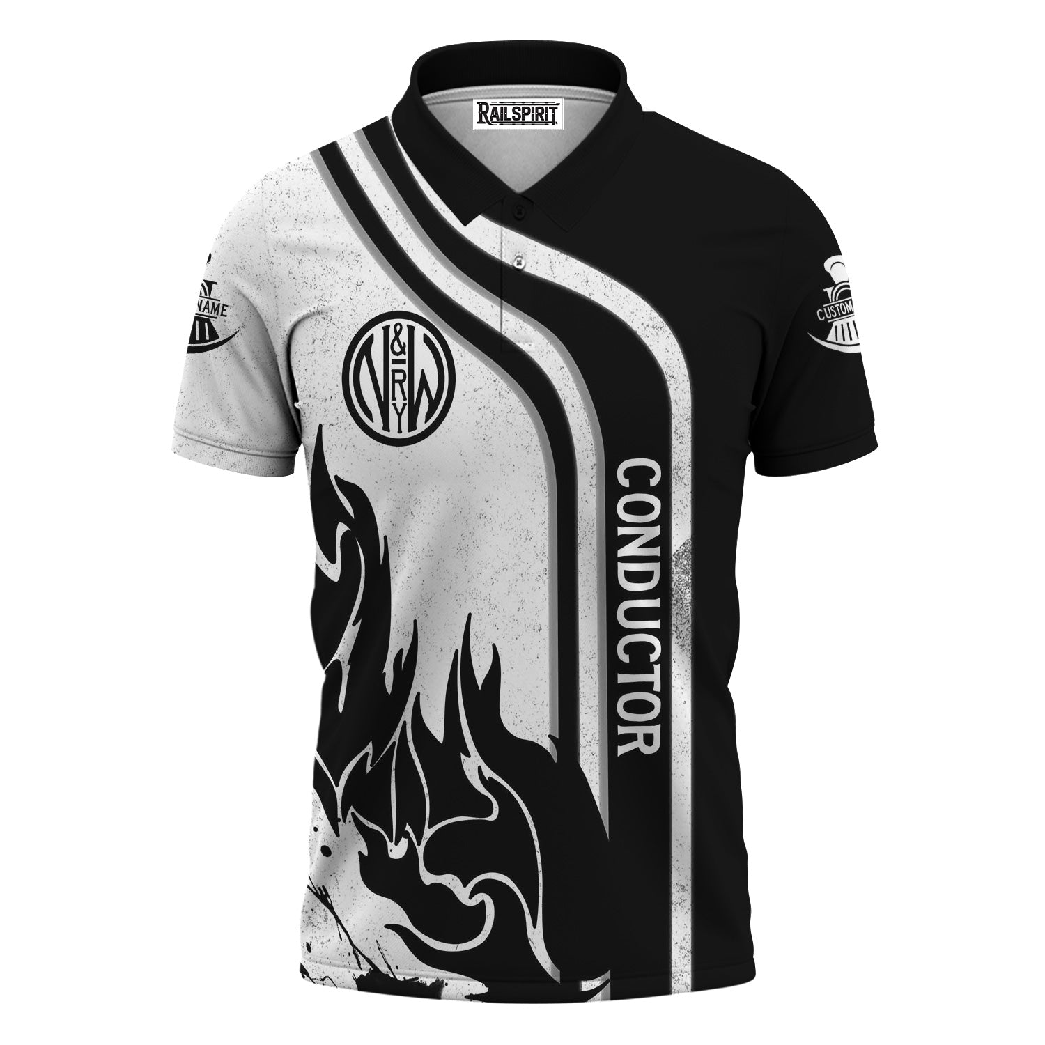 Railspirit Personalized Norfolk and Western Railway Polo Shirt Flame Design with Custom Job Position N&W Train Shirt