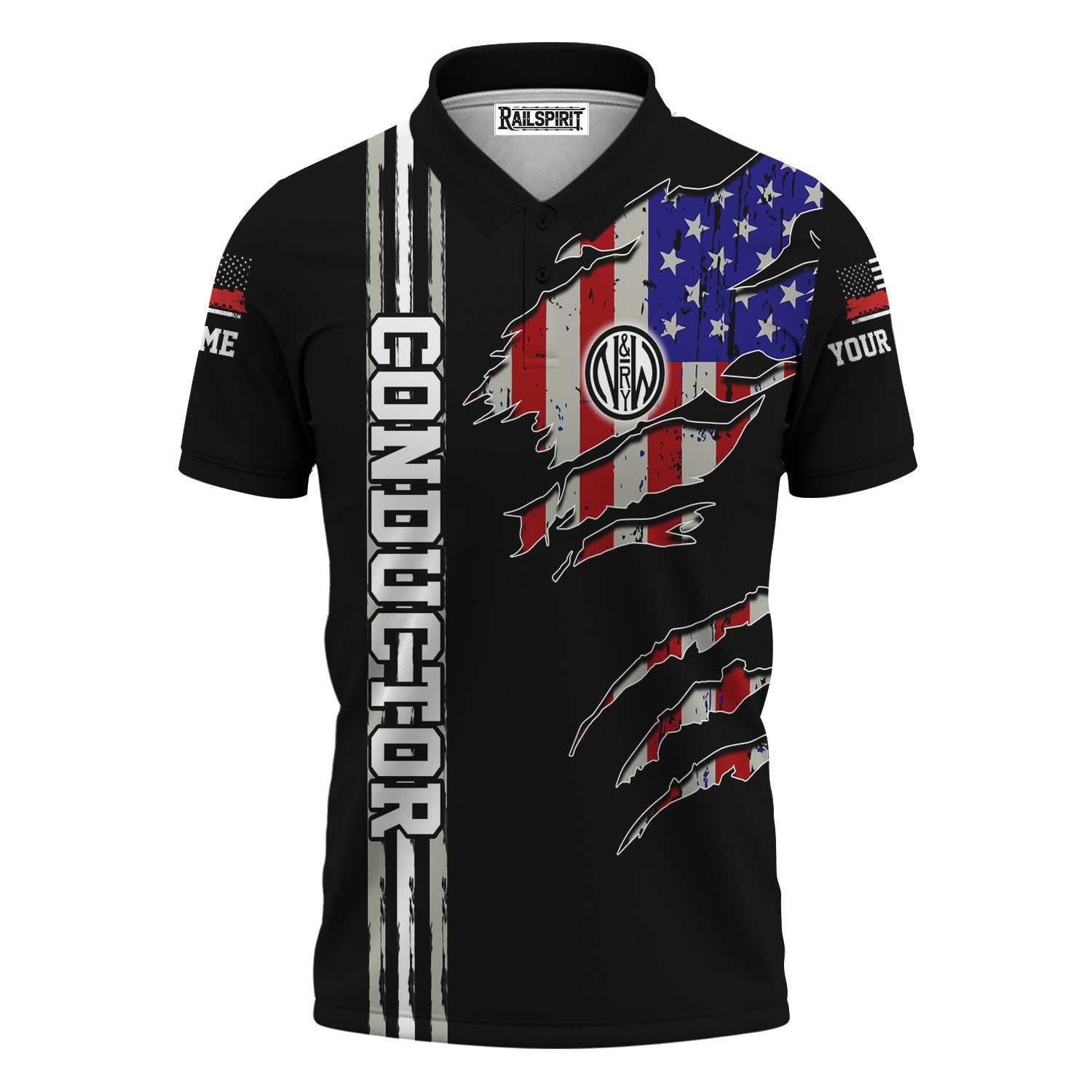 Railspirit Personalized Norfolk and Western Railway Polo Shirt USA Flag Claw Art with Custom Job N&W Train Shirt