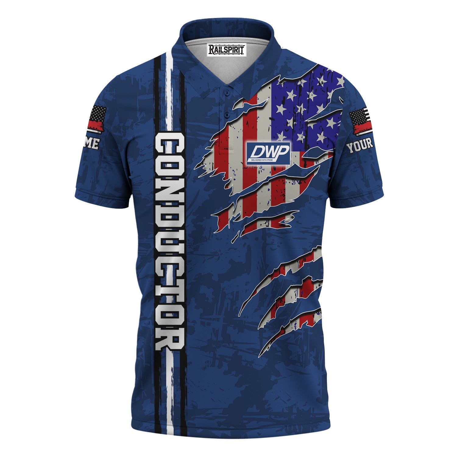 Railspirit Personalized Duluth, Winnipeg and Pacific Railway Polo Shirt USA Flag Claw Art with Custom Job Train Shirt