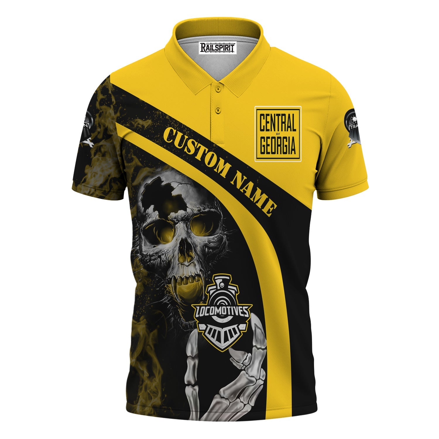 Railspirit Personalized Central of Georgia Railway Polo Shirt Flame Skull Design Train Shirt for Locomotive Fans