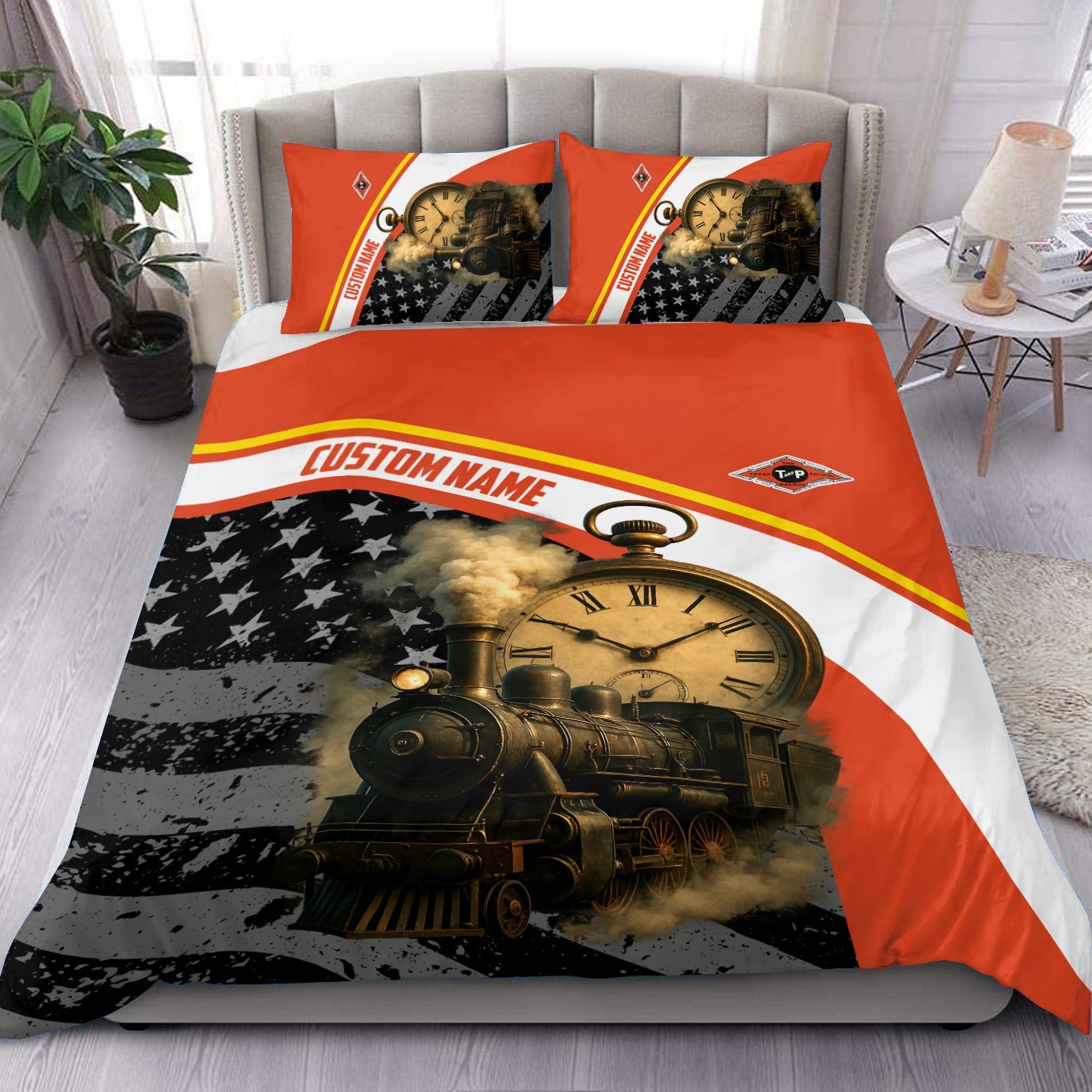Railspirit Personalized Texas and Pacific Railway Bedding Set Classic Steam Engine With Retro Pocket Watch Bedding Set All Over Print