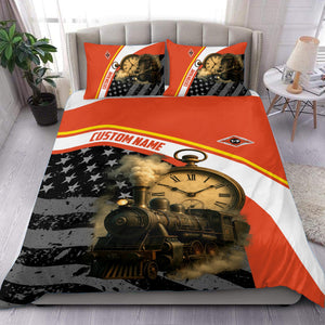 Railspirit Personalized Texas and Pacific Railway Bedding Set Classic Steam Engine With Retro Pocket Watch Bedding Set All Over Print