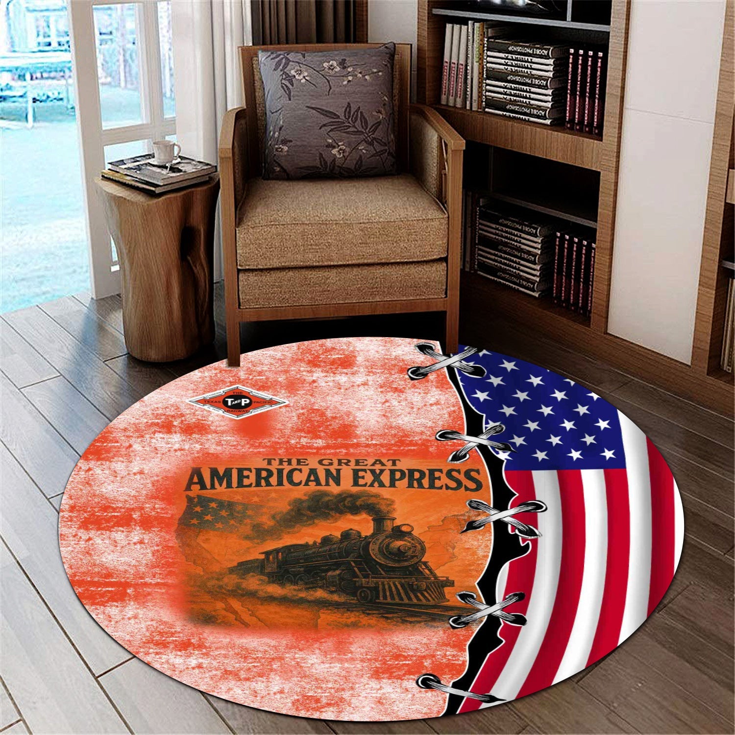 Railspirit Texas and Pacific Railway Round Mat Retro American Express Train With USA Flag Round Mat
