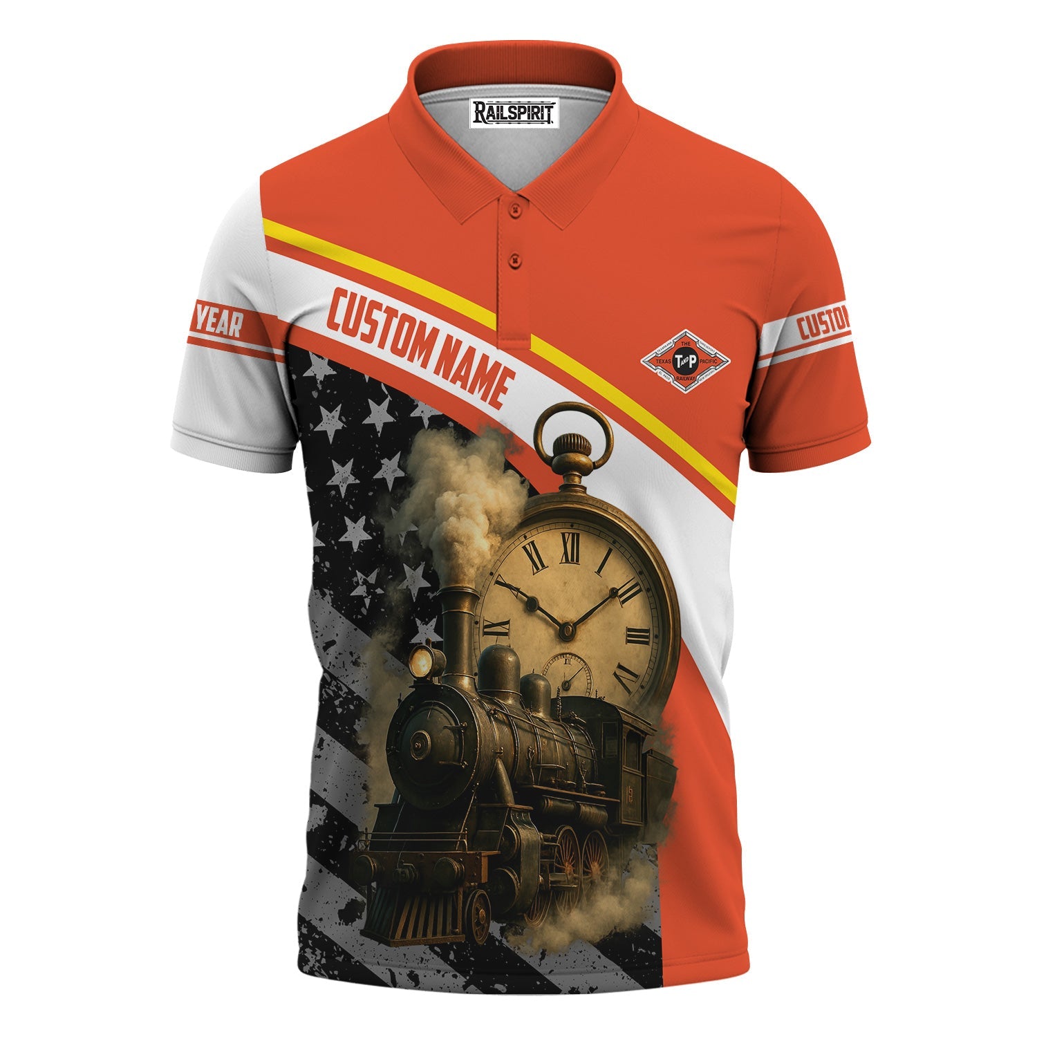 Railspirit Personalized Texas and Pacific Railway Polo Shirt Classic Steam Engine With Retro Pocket Watch Shirt All Over Print