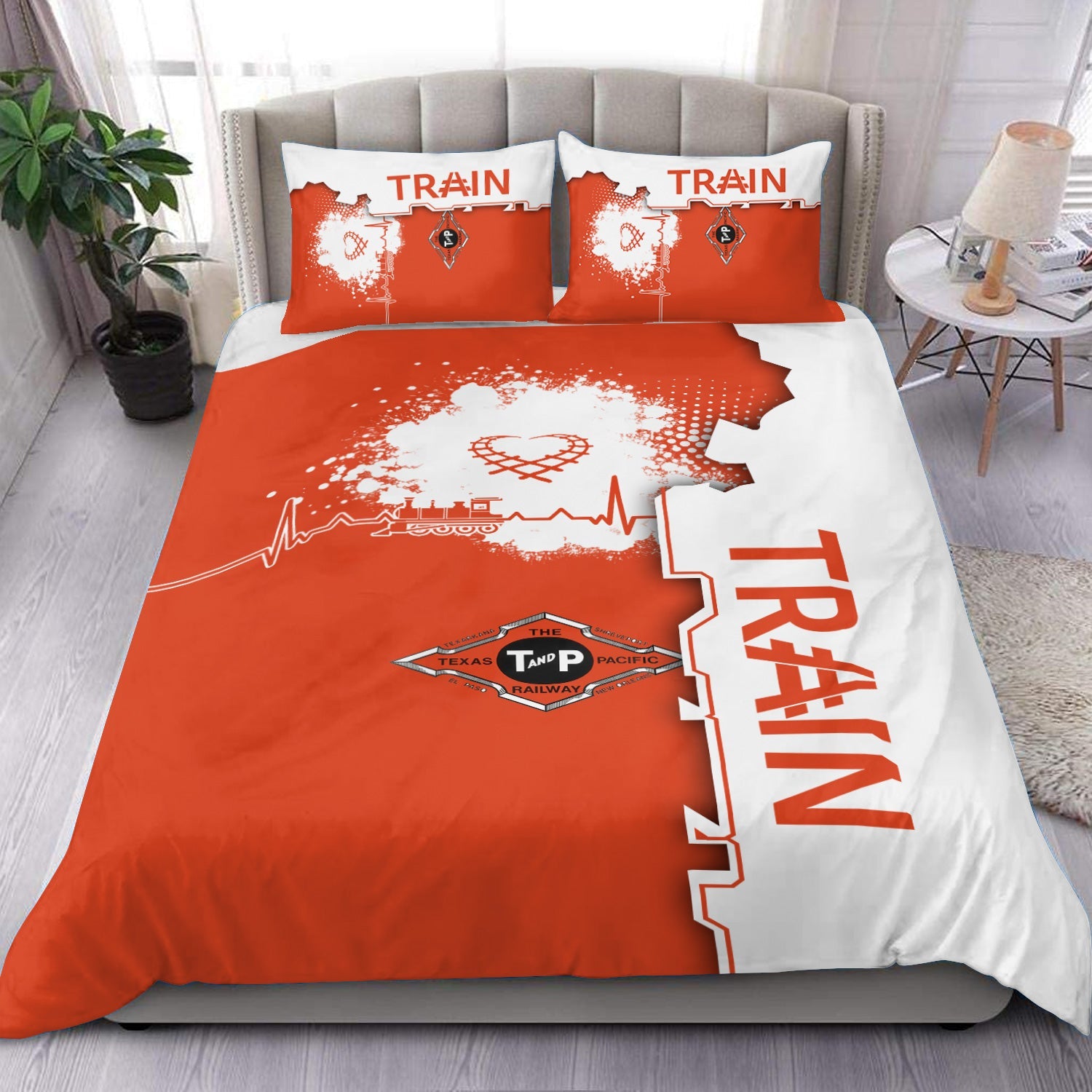 Railspirit Texas and Pacific Railway Bedding Set Engine Heartbeat and Track Love Style Bedding Set Gift Idea For Train Lovers