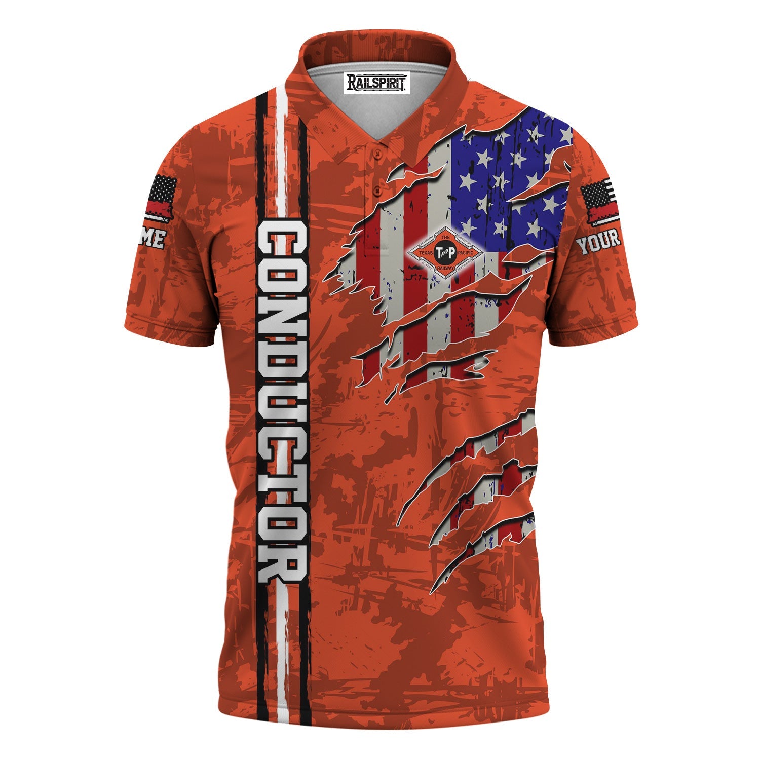Railspirit Personalized Texas and Pacific Railway Polo Shirt USA Flag Claw Art with Custom Job Train Shirt