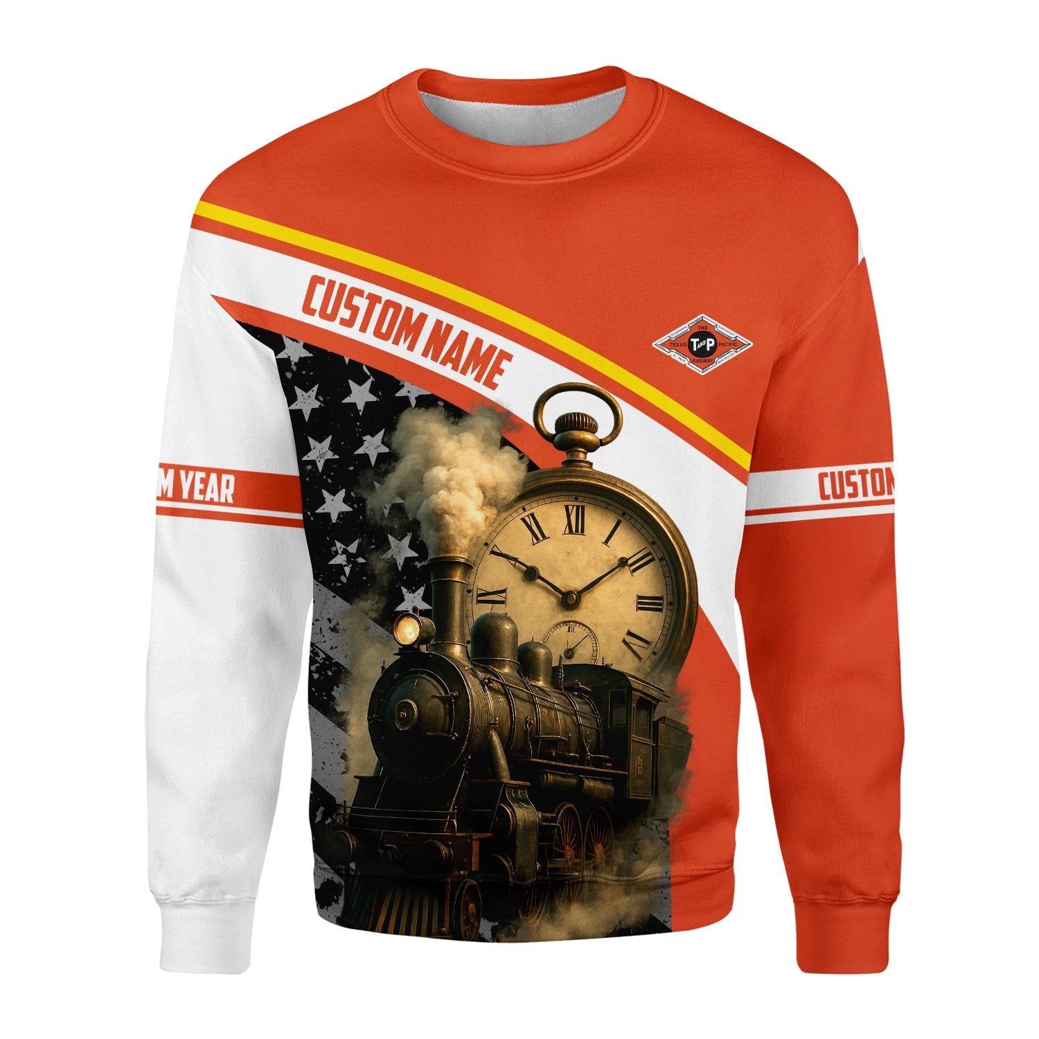 Railspirit Personalized Texas and Pacific Railway Sweatshirt Classic Steam Engine With Retro Pocket Watch Shirt All Over Print