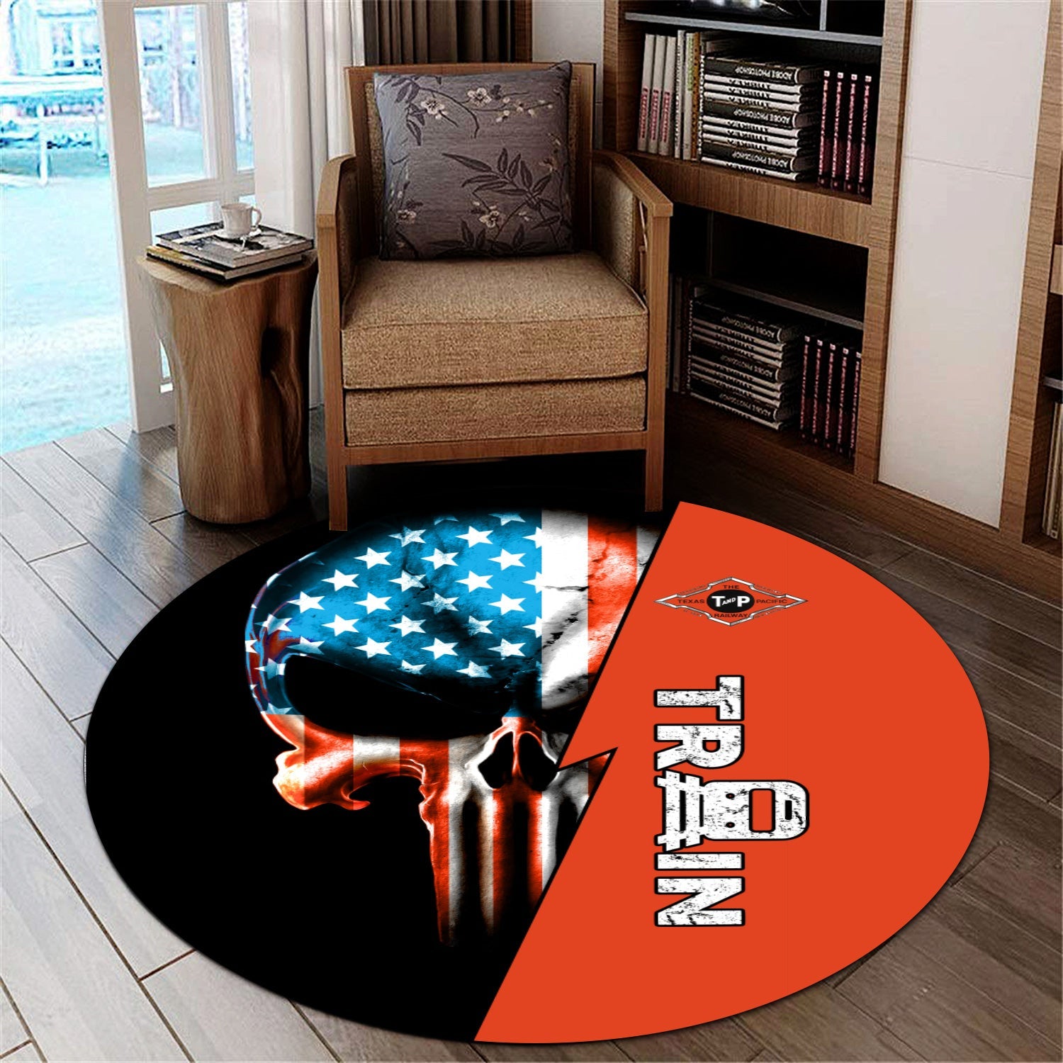 Railspirit Texas and Pacific Railway Round Mat Train Skull American Flag Style Rug All Over Print