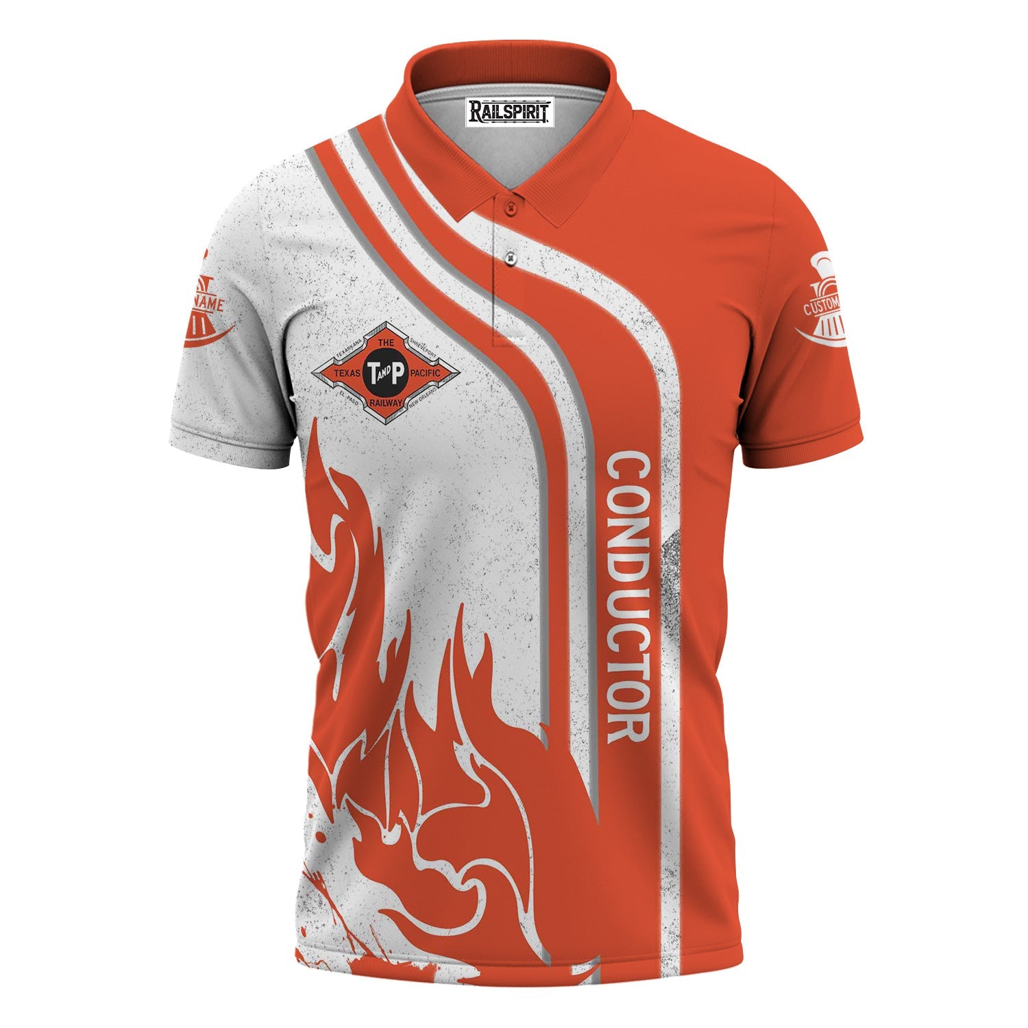 Railspirit Personalized Texas and Pacific Railway Polo Shirt Flame Design with Custom Job Position Train Shirt
