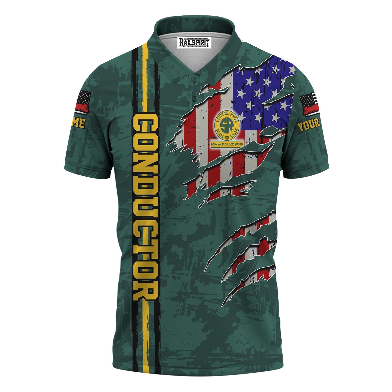 Railspirit Personalized Southern Railway U.S Polo Shirt USA Flag Claw Art with Custom Job SOU Train Shirt