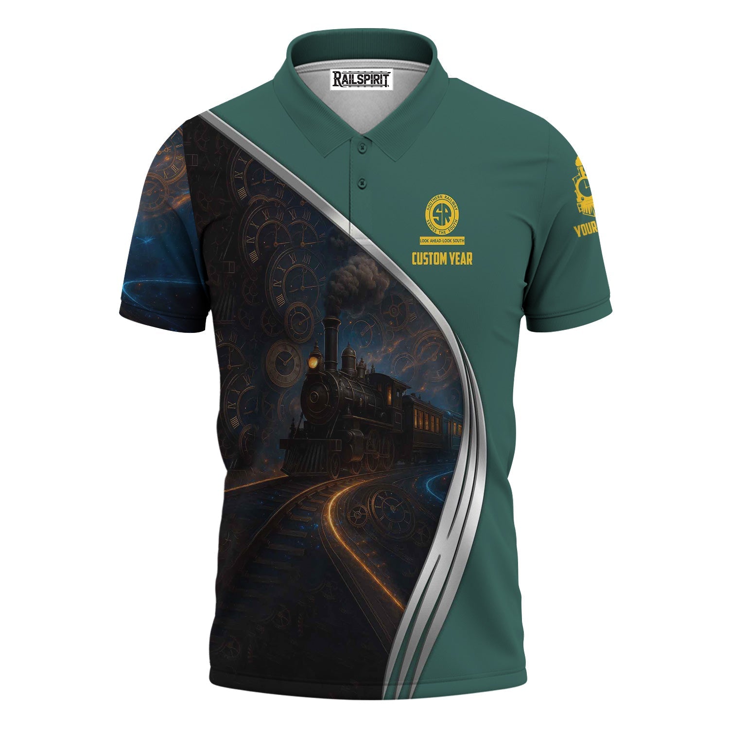 Railspirit Personalized Southern Railway U.S Polo Shirt Steampunk Locomotive with Custom Year SOU Train Shirt