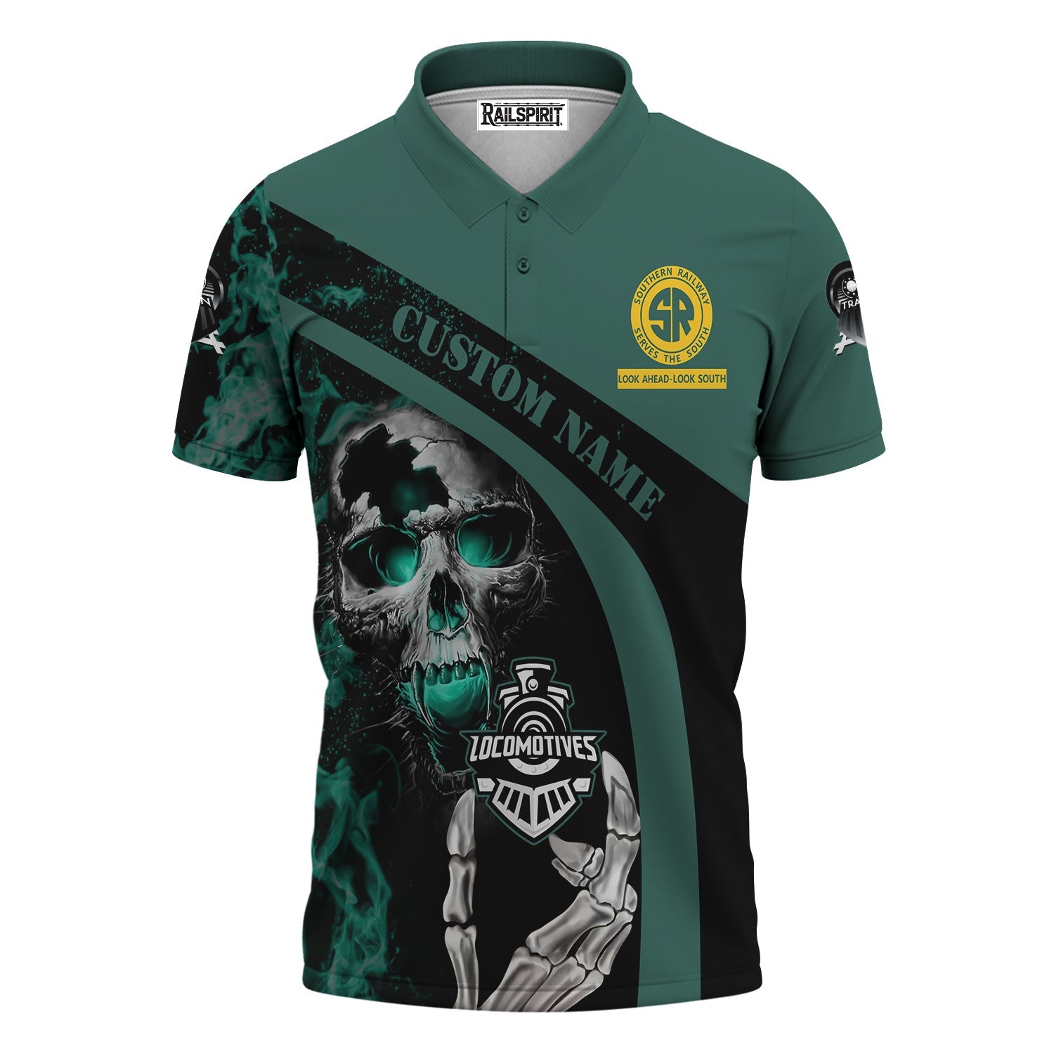 Railspirit Personalized Southern Railway U.S Polo Shirt Flame Skull Design SOU Train Shirt for Locomotive Fans