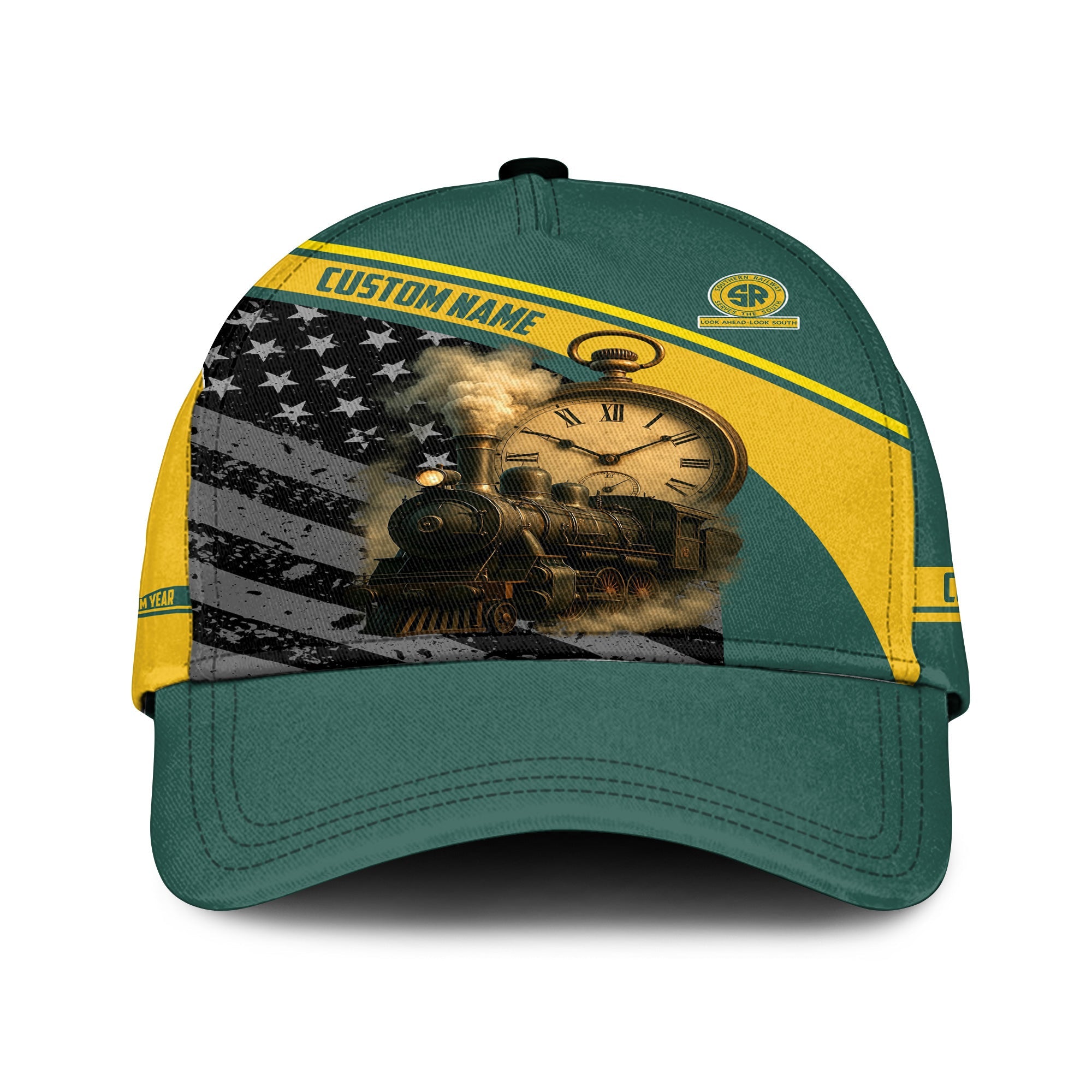 Railspirit Personalized Southern Railway U.S Classic Cap Classic Steam Engine With Retro Pocket Watch SOU Cap All Over Print