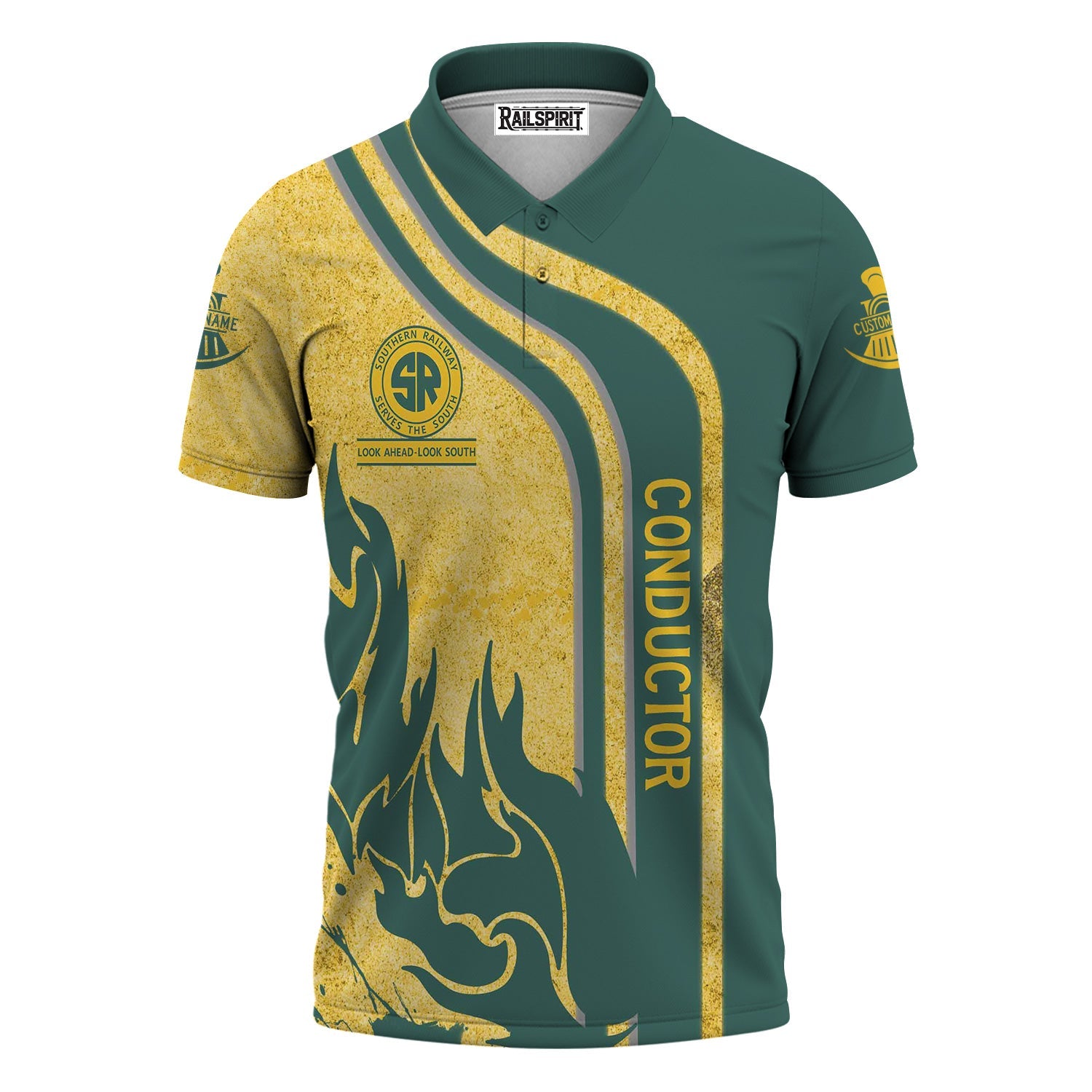 Railspirit Personalized Southern Railway U.S Polo Shirt Flame Design with Custom Job Position SOU Train Shirt