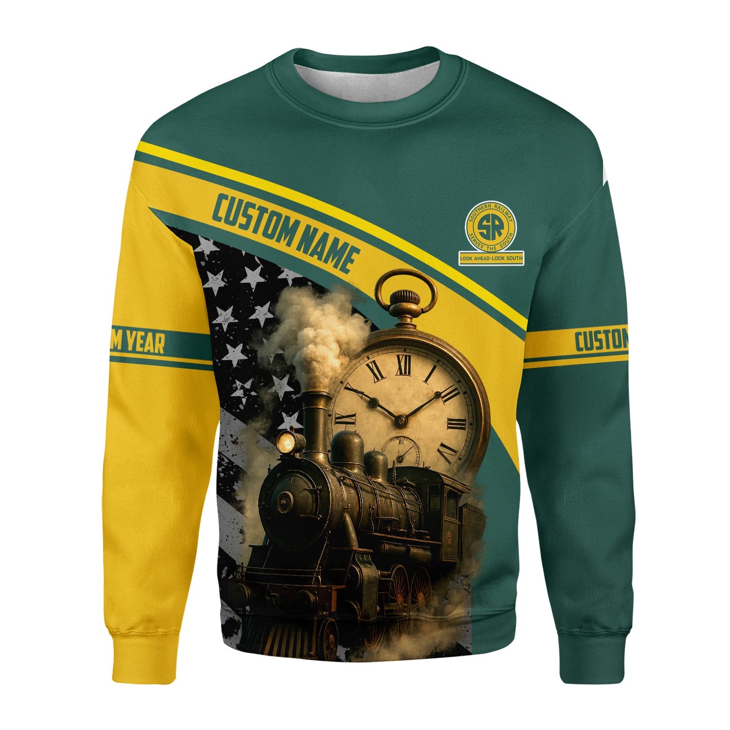 Railspirit Personalized Southern Railway U.S Sweatshirt Classic Steam Engine With Retro Pocket Watch SOU Shirt All Over Print