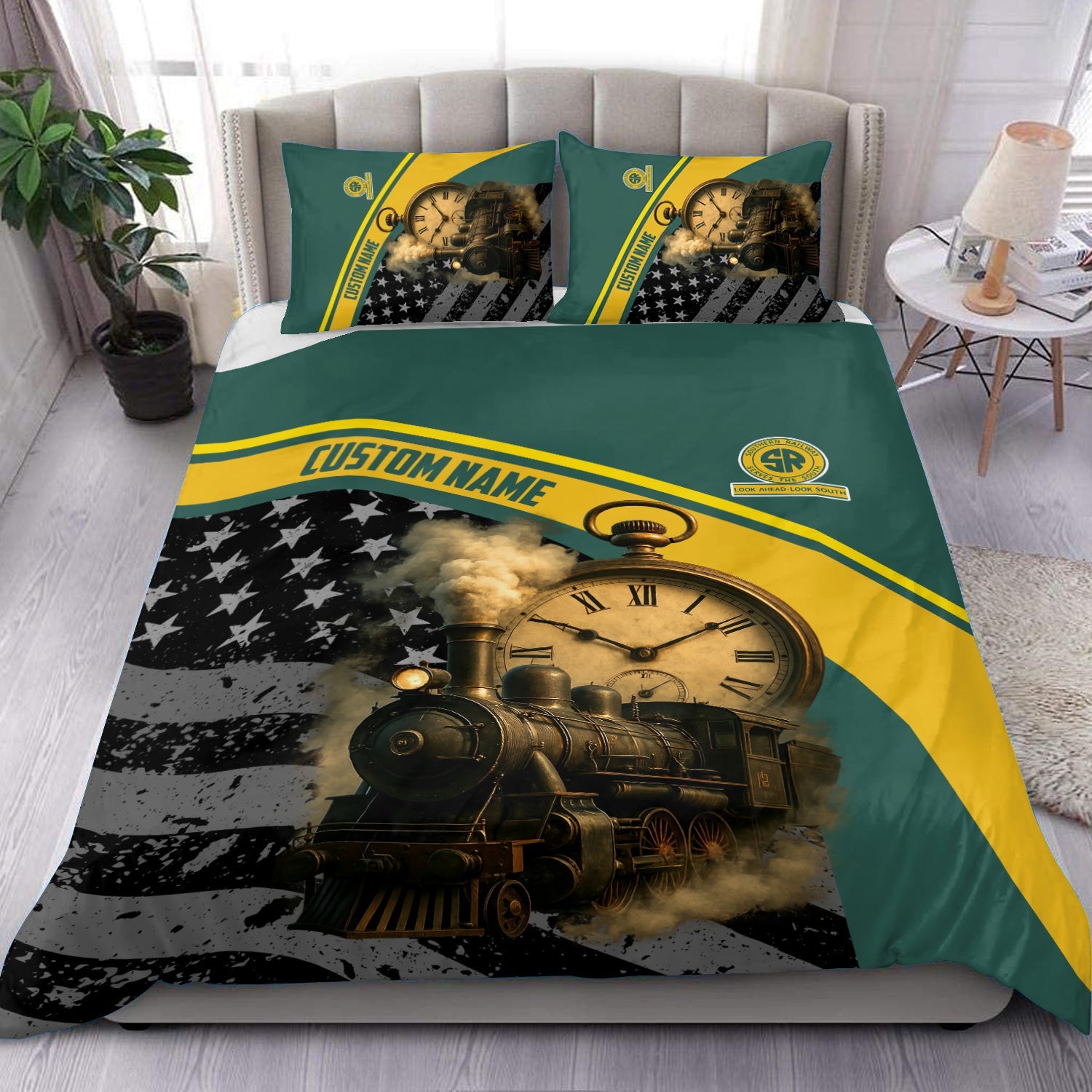 Railspirit Personalized Southern Railway U.S Bedding Set Classic Steam Engine With Retro Pocket Watch SOU Bedding Set All Over Print