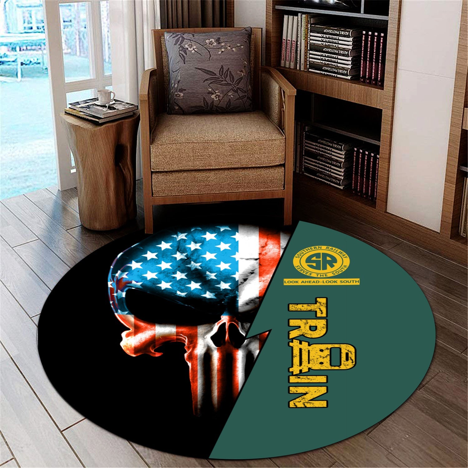 Railspirit Southern Railway U.S Round Mat Train Skull American Flag Style SOU Mat All Over Print