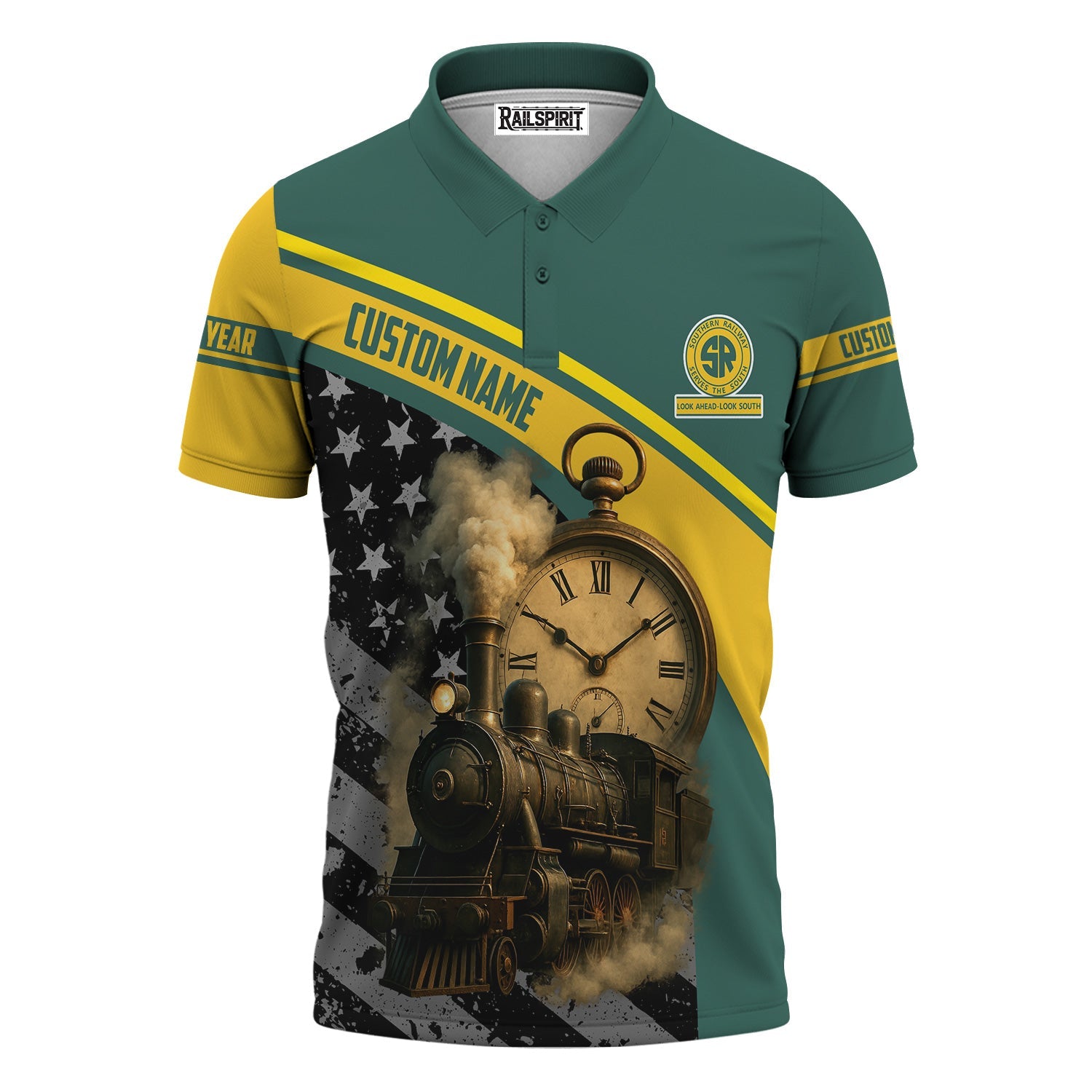 Railspirit Personalized Southern Railway U.S Polo Shirt Classic Steam Engine With Retro Pocket Watch SOU Shirt All Over Print