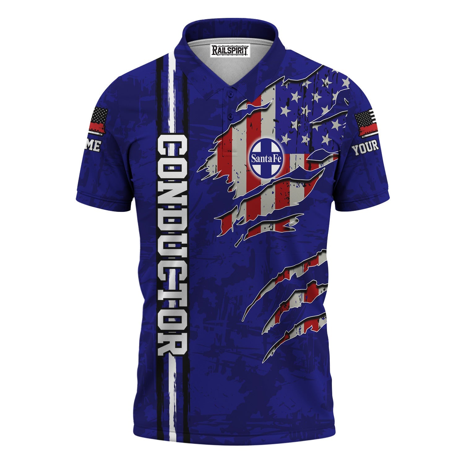 Railspirit Personalized Santa Fe ATSF Railway Polo Shirt USA Flag Claw Art with Custom Job Atchison, Topeka and Santa Fe Train Shirt