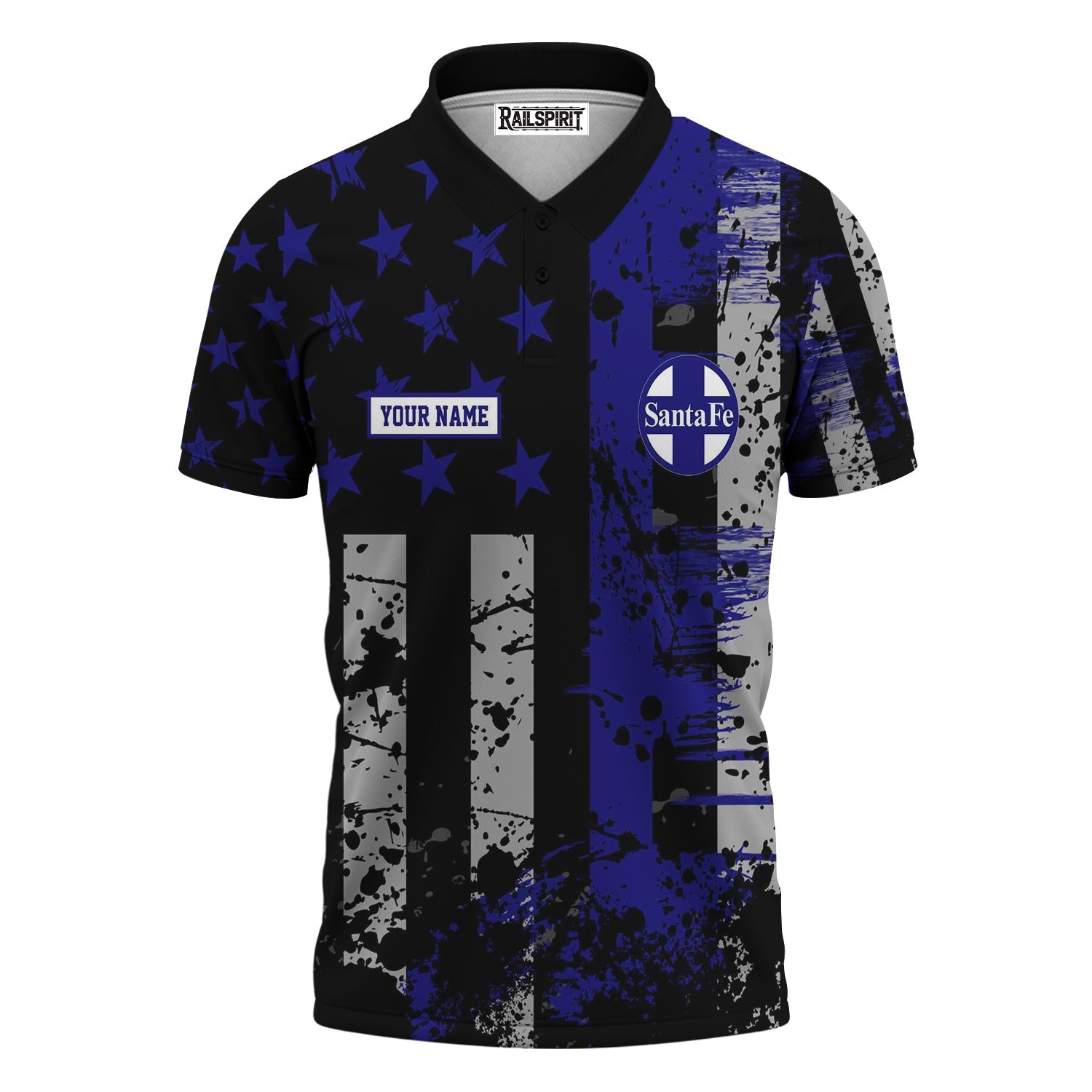 Railspirit Personalized Santa Fe ATSF Railway Polo Shirt Artistic Paint American Flag Style Atchison, Topeka and Santa Fe Train Shirt